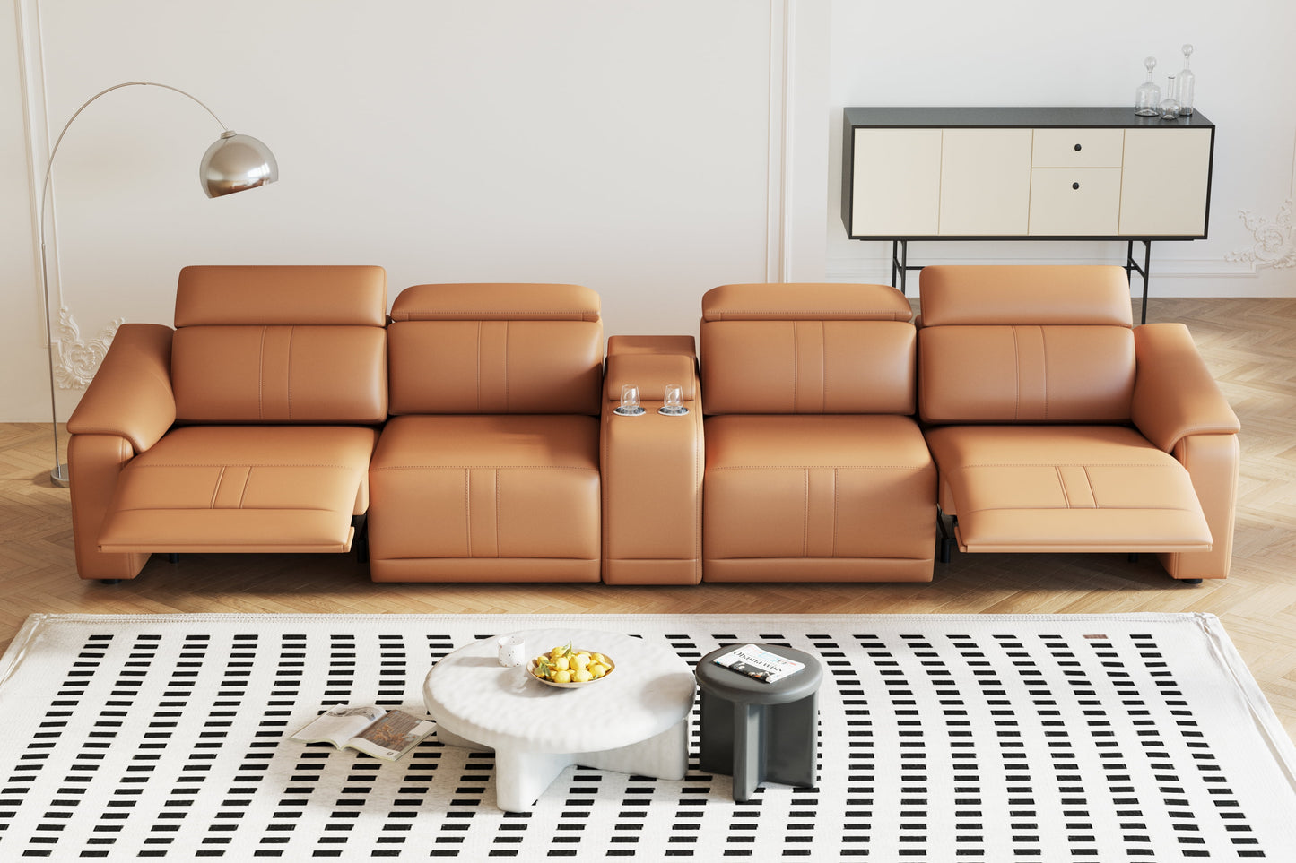 GAKMCIL 4-Seat Leather Power Recliner Sofa Set, Electric Sectional Couch with Storage Console, USB Ports, Cup Holder, Adjustable Headrest, Each Seat 330lbs Load for Living Room Apt Office (Brown)