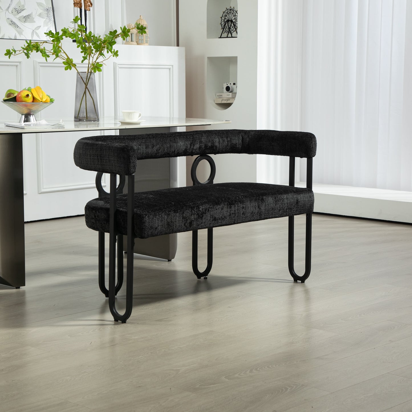 POVANLI Modern Loveseat Sofa, 2 Seater Mini Couch, Chenille Fabric Sofa with Arms and Metal Legs, Bench, Upholstered Love Seat Chairs for Living Room Dining Kitchen Office Studio (Black Chenille)