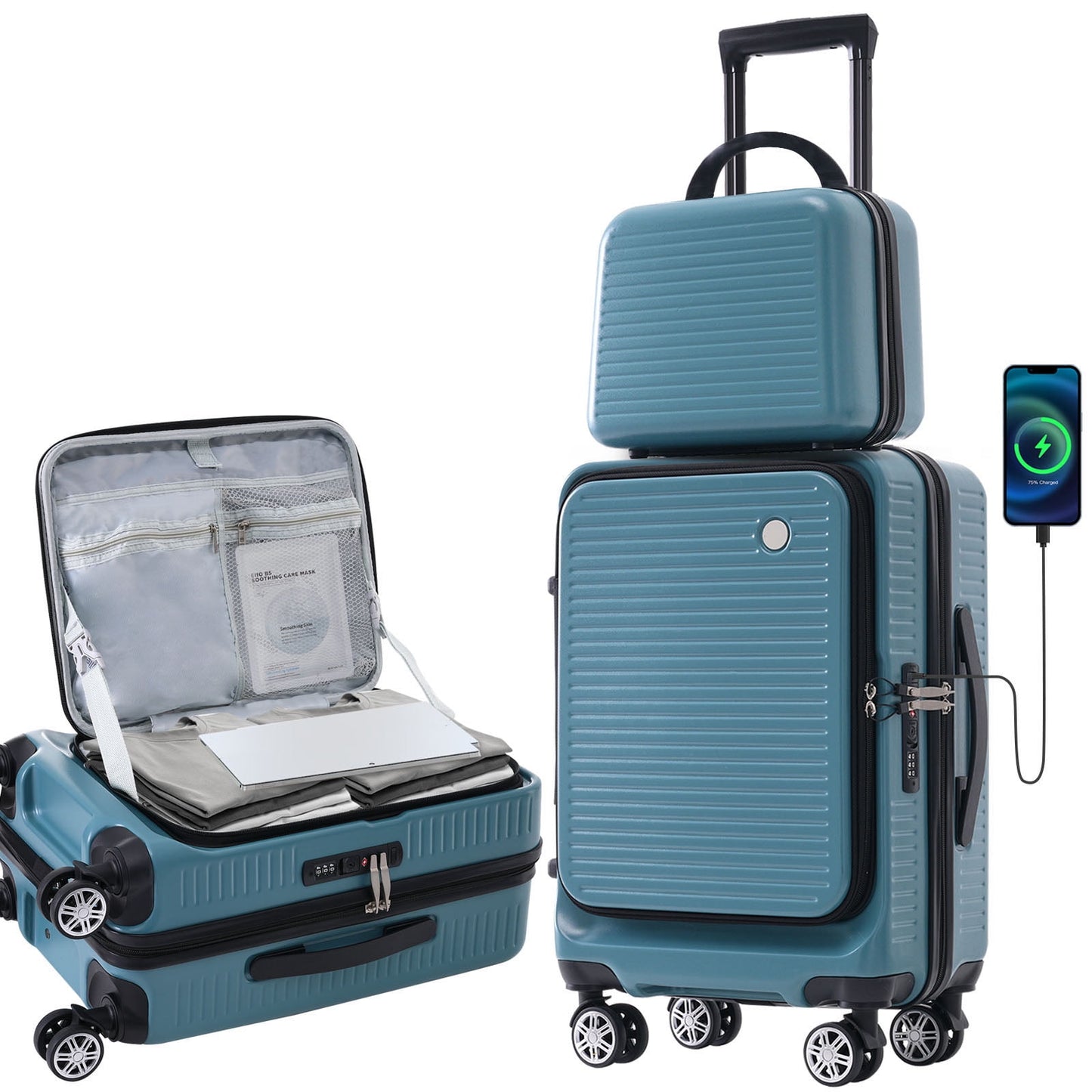 POVANLI 2 Pcs Hardshell Luggage Sets, 20 inch Front Open Suitcase with USB Port TSA Lock, Front Pocket and Spinner Wheels, 1 Portable Carrying Case. Airline Approved, Travel Woman Men (Blue)