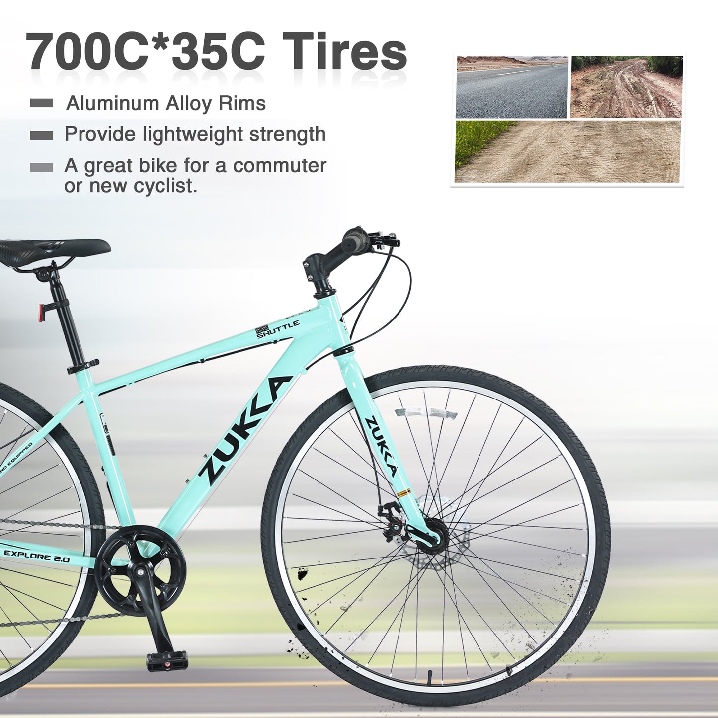 POVANLI 700C Road Bike, 7 Speed Hybrid Bike Aluminum Alloy Frame Double Disc Brakes For men women's City Bicycle, Green (Gift)