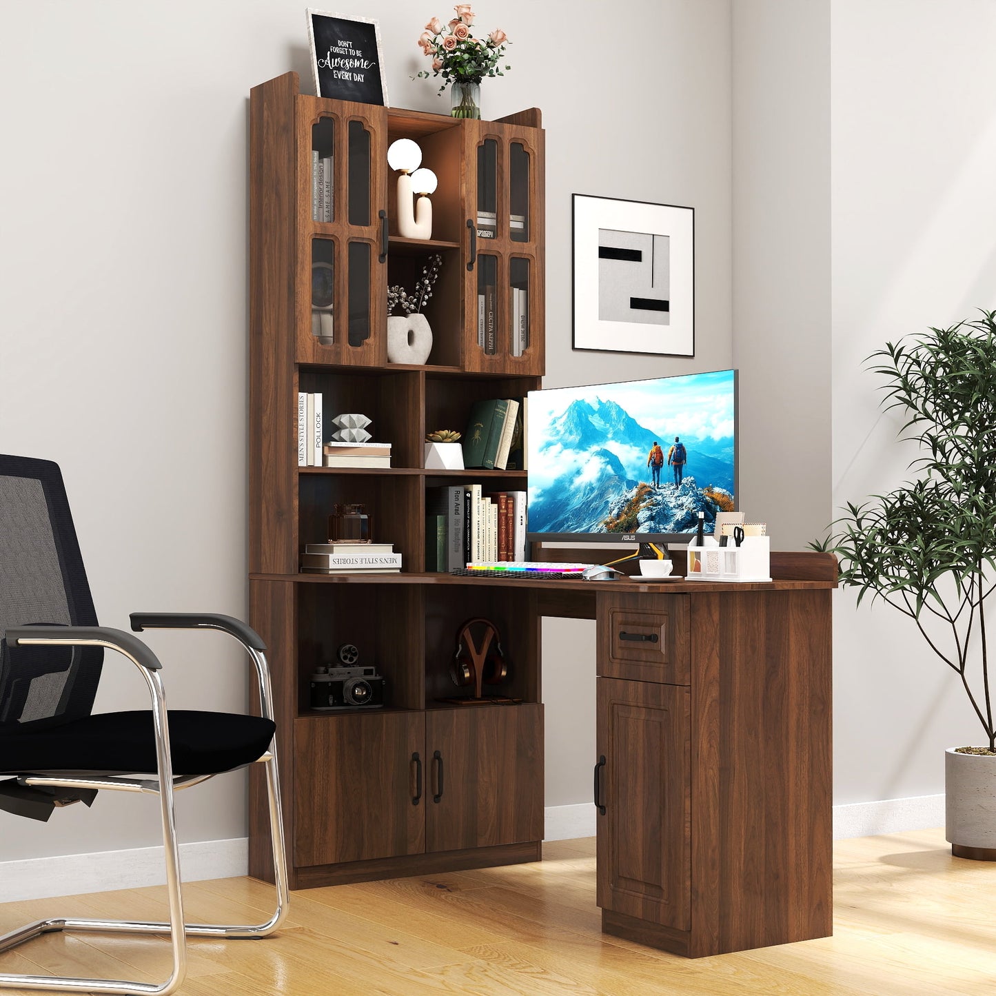 GAKMCIL 2-in-1 L-Shaped Computer Desk for Home Office or Study Writing desk, Modern Style Table with Drawers, Bookshelf & Hutch, Space-Saving Corner & storage Design (Walnut)(55.12"L*31.50"W*76.77"H)