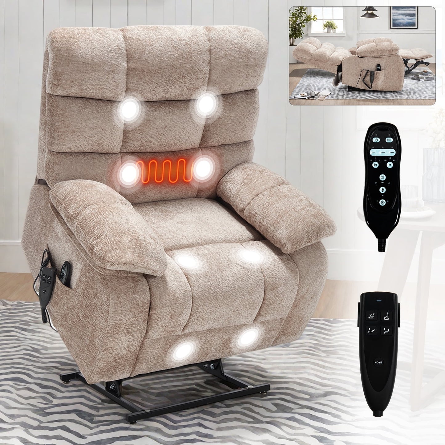 GAKMCIL Large Dual Motor Power Lift Chenille Recliner Chair for Elderly with Heating and 3 Massage modes, 8 vibrating nodes (back, lumbar, thighs, legs), 15/30/60 minute timing function, Gift (Beige)