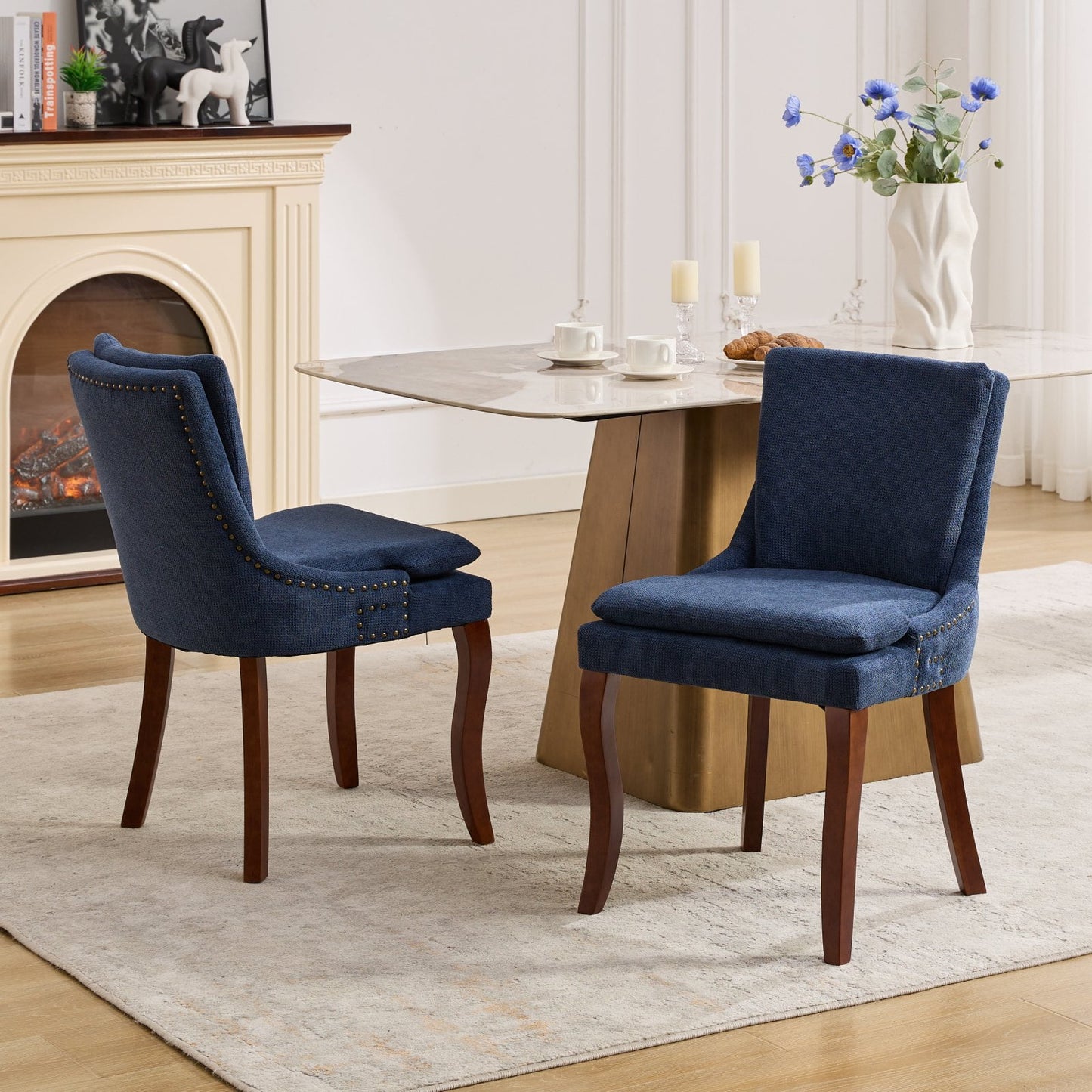 GAKMCIL Modern Chenille Leisure Dining Chairs, Double-layer Upholstered Side Chairs with Mid Back, Nailhead Trim, Solid Wood Legs, 300lb Load for Living Room and Dining Room (Set of 2, Blue)