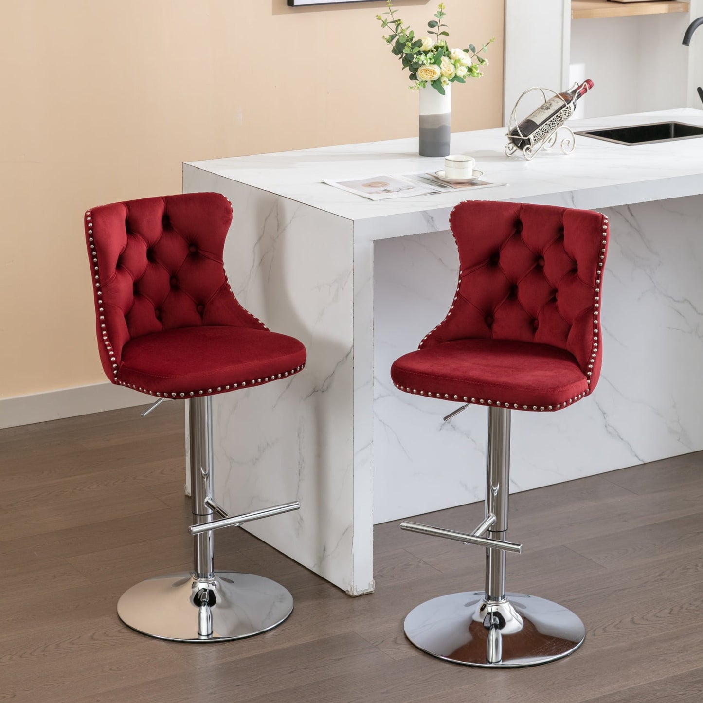 GAKMCIL Swivel Velvet Upholstered Barstools with 25-33in Adjustatble Seat Height, 360°Swivel, Footrest, Chrome base, Comfy Tufted Backs, 300lbs Load for Home Pub, Kitchen Island (Set of 2, Burgundy)
