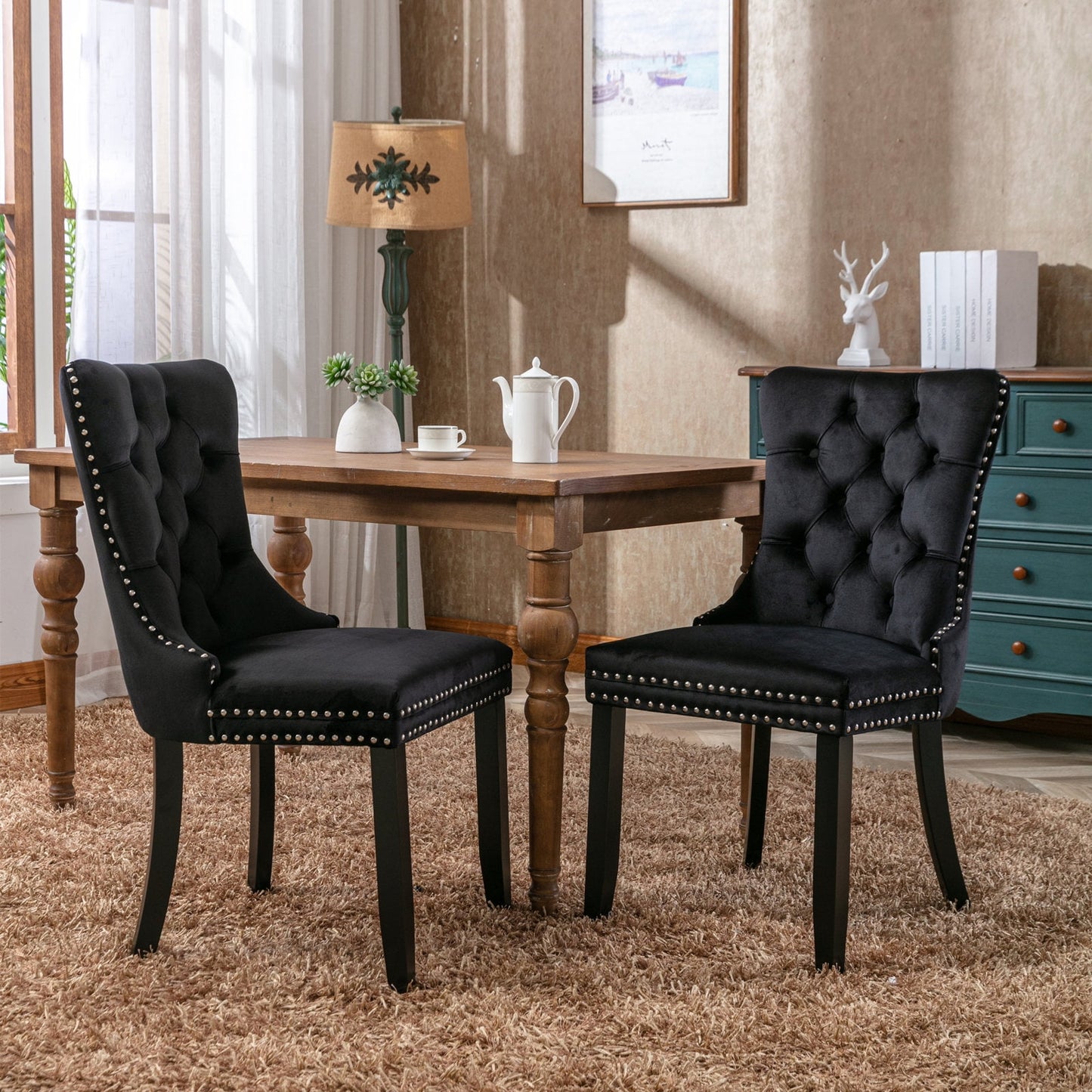 POVANLI Velvet Dining Chairs Set of 2,Upholstered Dining Chairs with Wood Legs Nailhead Trim,High-end Tufted Solid Wood Contemporary Dining Table Set for Living Room,Bedroom, Kitchen Black