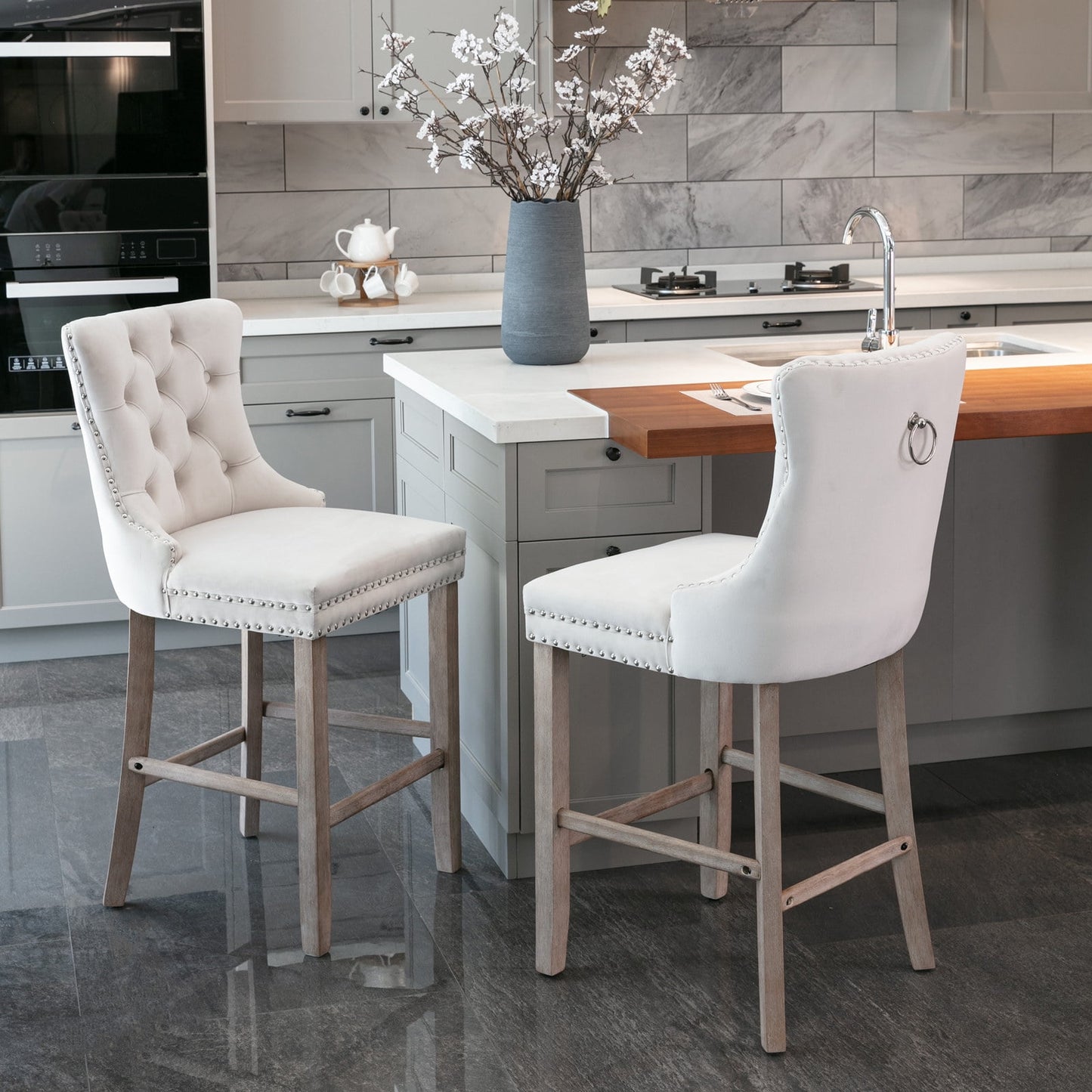 GAKMCIL Velvet Barstools, Leisure Upholstered Height Bar Stools (Set of 2) with Button Tufted Decoration, Wooden Legs, Chrome Nailhead Trim, 300lbs Load for Home Pub and Kitchen Island (Beige)