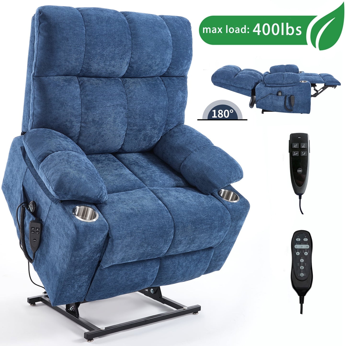 GAKMCIL Large Dual Motor Infinite Position Power Lift Chenille Recliner Chair with Heating and 3 Massage 8 vibrating nodes(back,lumbar,thighs,legs), 3 Timing function, Steel Cup Holders, Gift (Blue)