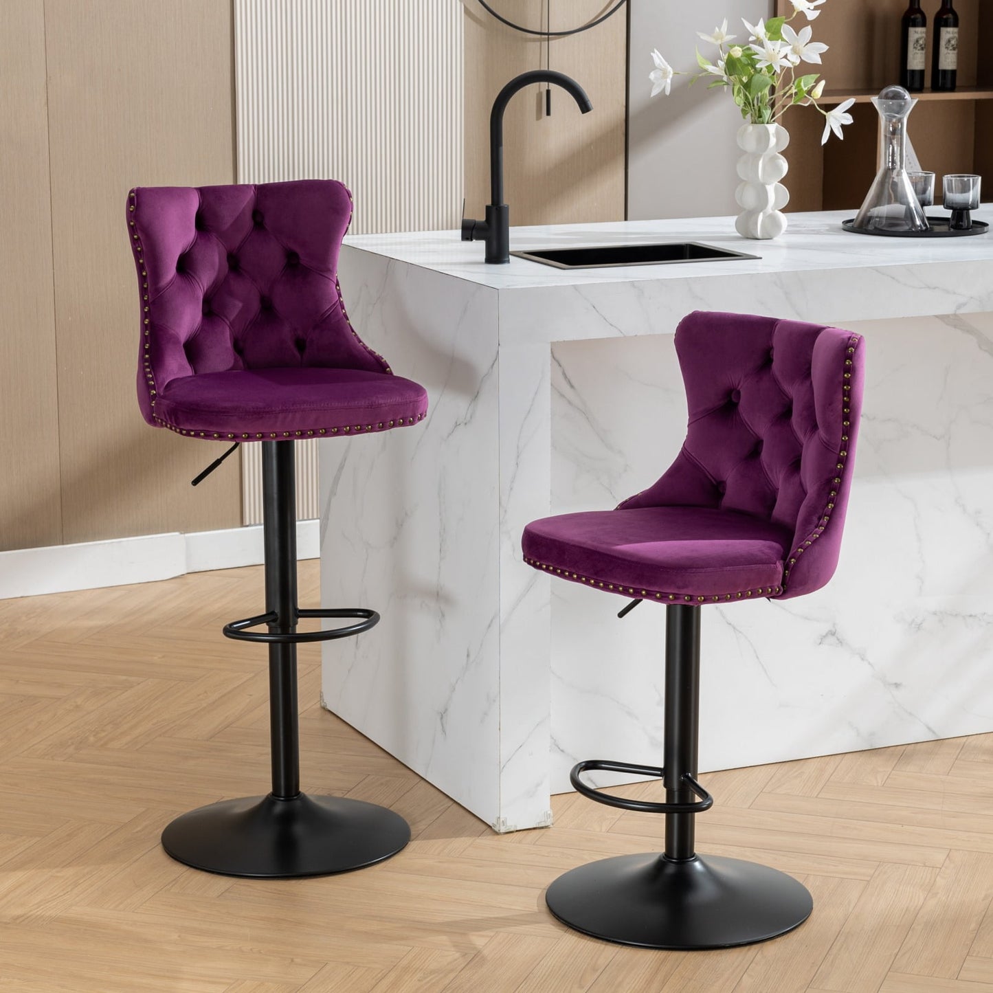 GAKMCIL Swivel Velvet Upholstered Barstools with 25-33in Adjustatble Seat Height, 360°Swivel, Footrest, Black Chrome base, Comfy Tufted, 300lb Load for Home Pub, Kitchen Island (Set of 2, Purple)