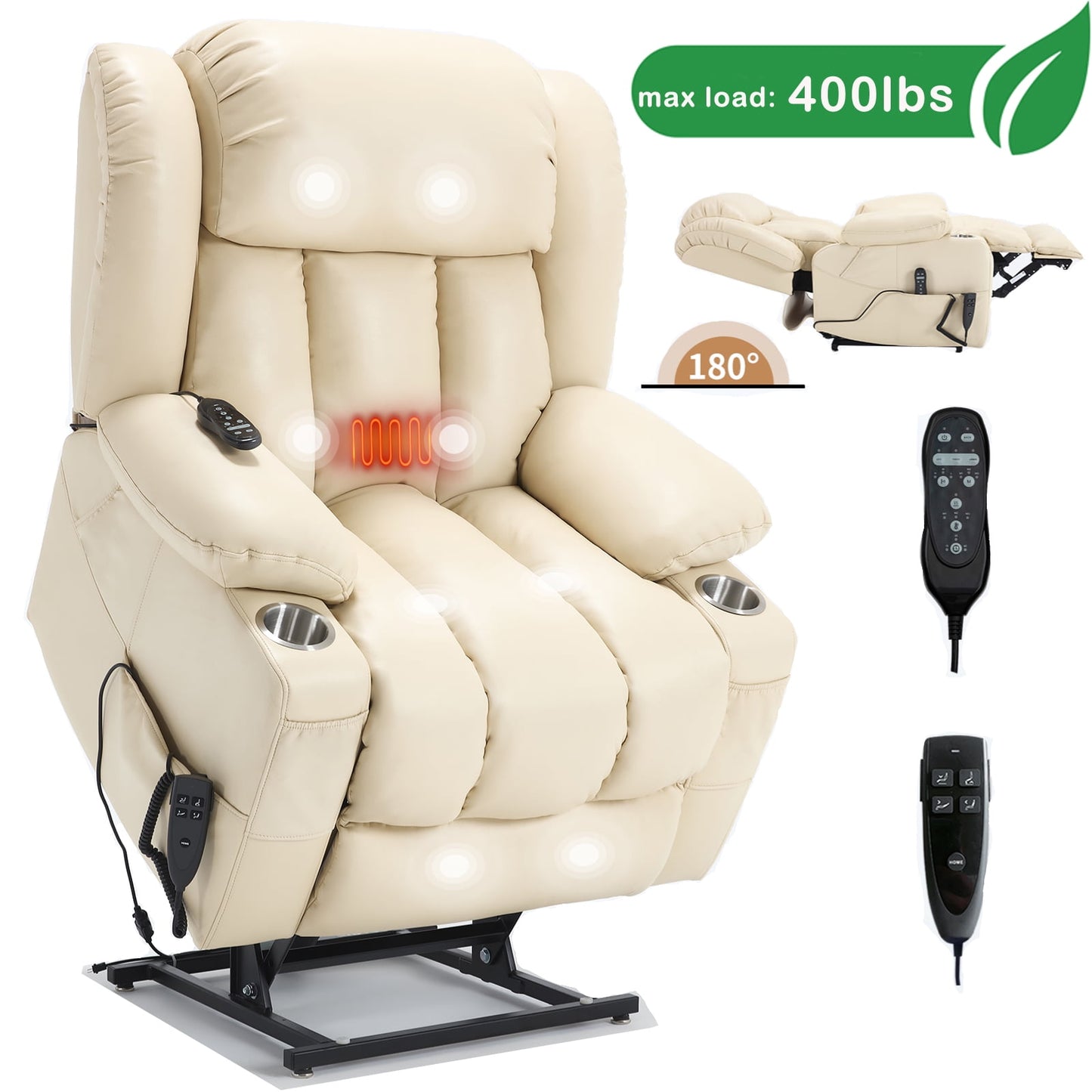GAKMCIL Large Dual Motor Infinite Position Power Lift Leather Recliner Chair with Heating and 3 Massage 8 vibrating nodes(back,lumbar,thighs,legs), 3 Timing function, Steel Cup Holders, Gift (Beige)
