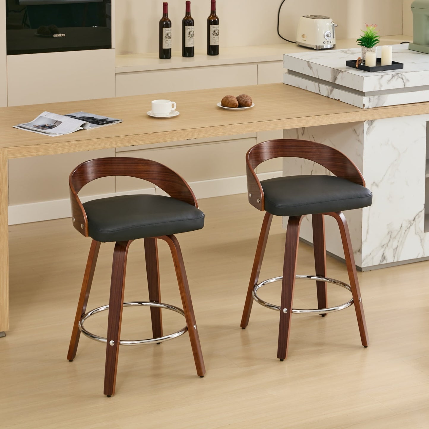 GAKMCIL 25" Mid-Century Modern PU Leather Upholstered Bar Stools, Low Back Wood Bar Chairs with 360-Degree Swivel, Walnut Color Coating, for Kitchen, Dining Room, Pub, Cafe (set of 2, Black)