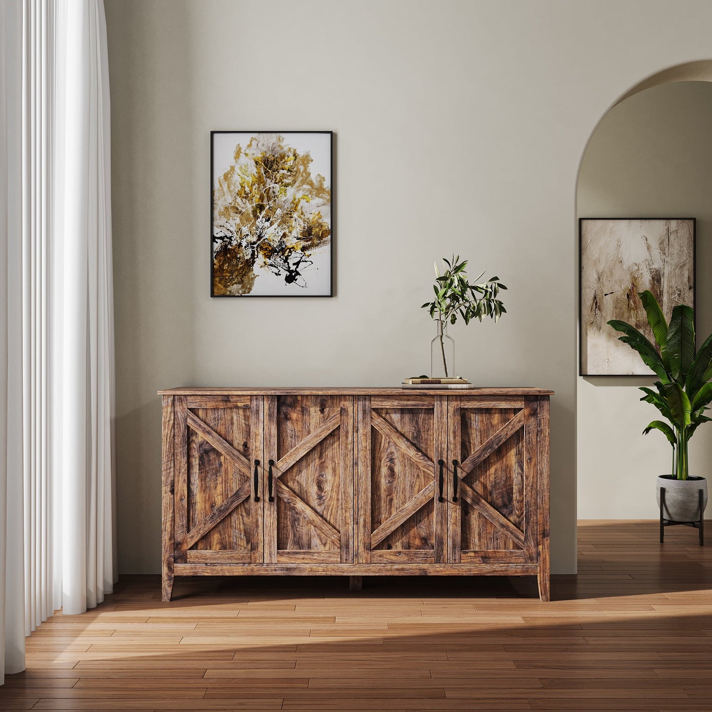 GAKMCIL Modern Freestanding Buffet Sideboard with 4 Doors & 4 open shelgves, Entryway Floor Storage Cabinet, Easy Maintenance for Living Room Bedroom Office Kitchen(Espresso)(59.06"L*15.75"W*31.50"H)