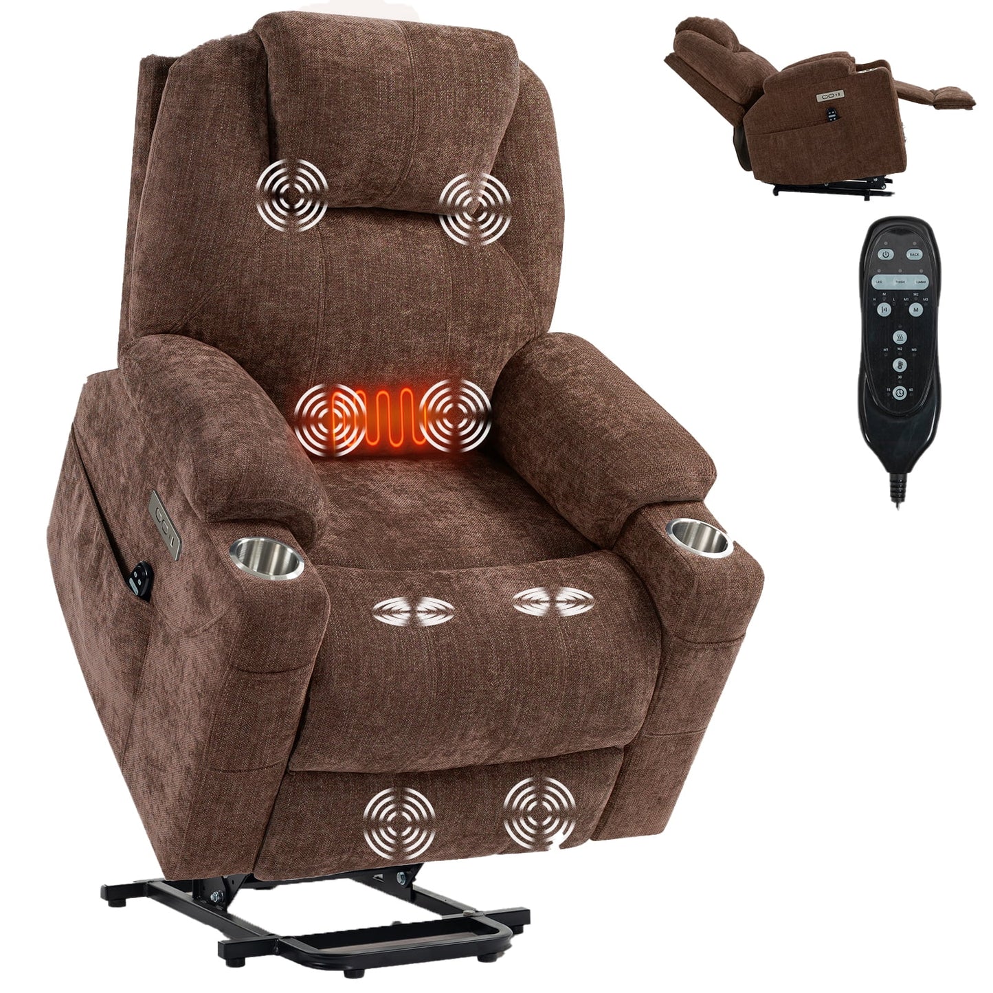 GAKMCIL Chenille Power Lift Recliner Chair with Heating and 3 Massage 8 vibrating nodes(back,lumbar,thighs,legs),Timing function,USB & Type-C Ports,Cup Holders,Remote Control,Up to 400 LBS,Gift,Brown