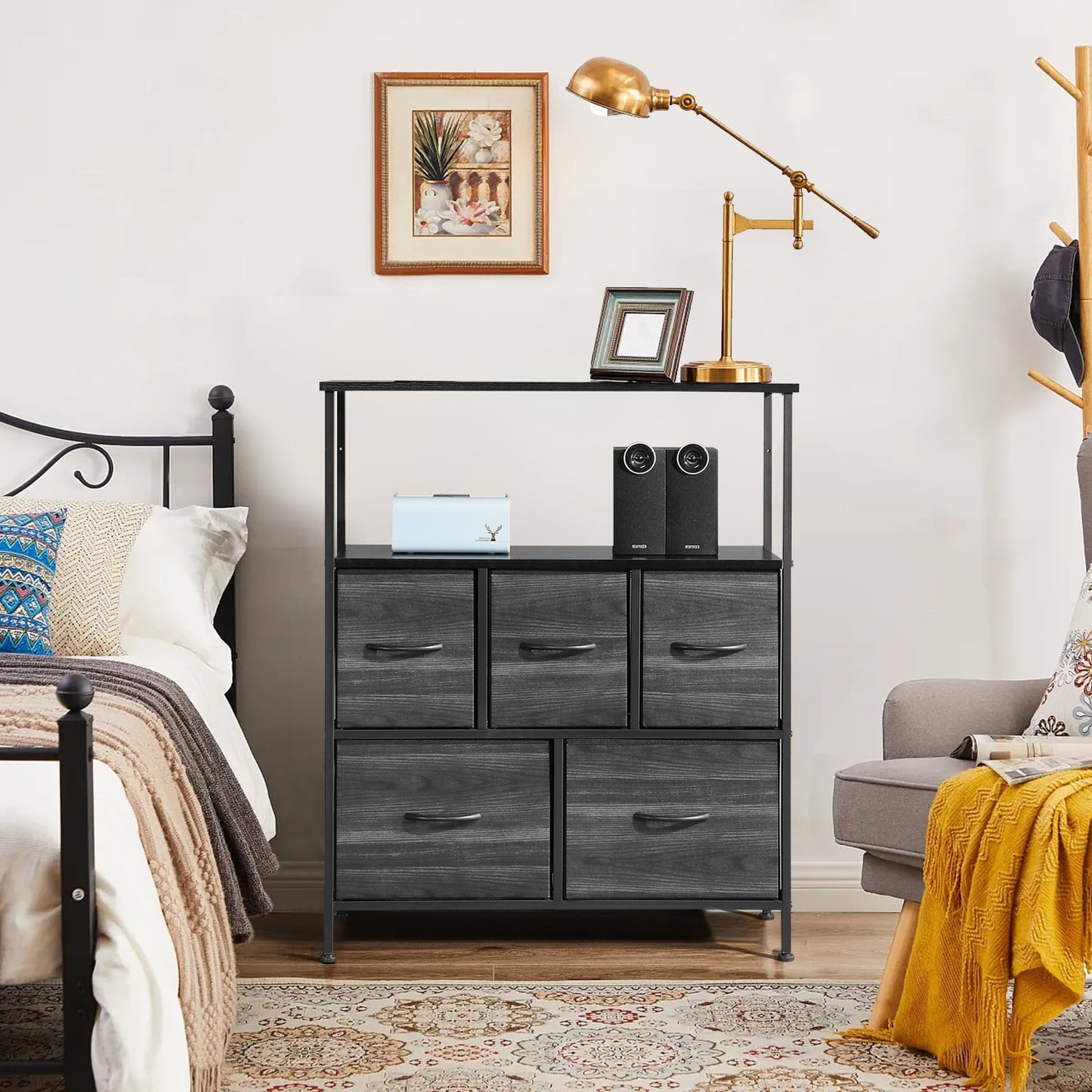 POVANLI 5 Drawer Dresser Chest of Drawers for Bedroom Fabric Drawer for Kids and Adult Steel Frame and Wooden Top Black Grey