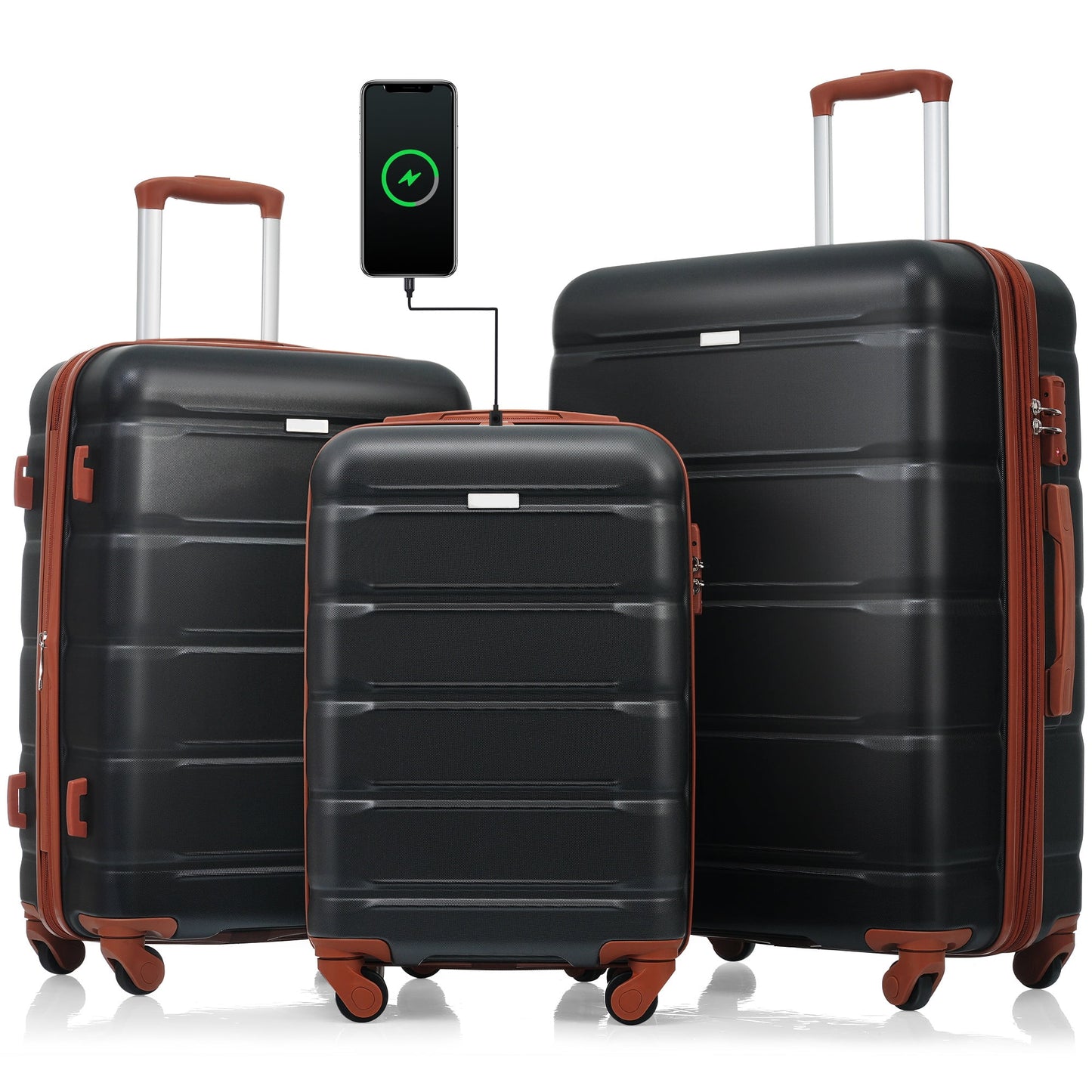 POVANLI 3Pcs Luggage Set, 20" Suitcase with USB Port,Carry-on Luggage with Cup Holder, ABS+PC Hard Shell Luggage with Spinner Wheels Black+Brown