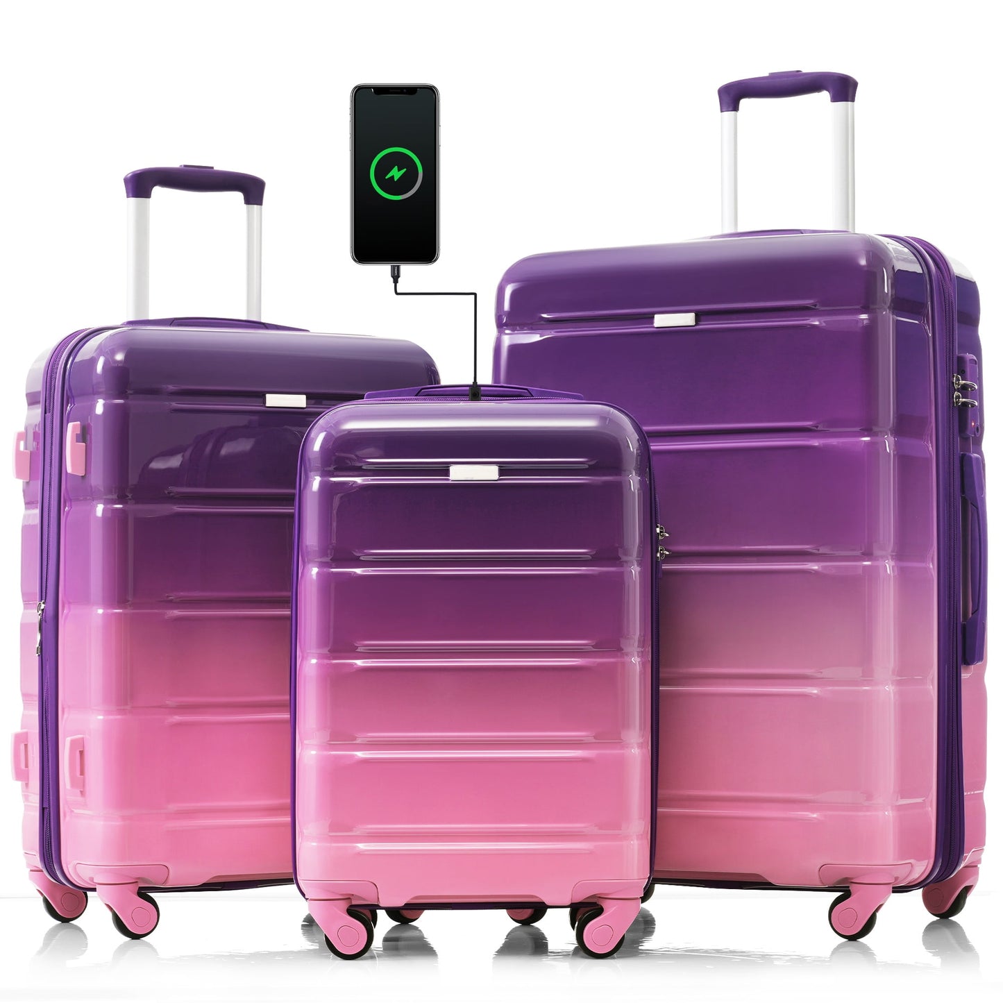 POVANLI 3Piece Luggage Set, 20" Suitcase with USB Port,Carry-on Luggage with Cup Holder, ABS+PC Hard Shell Luggage with Spinner Wheels Purple and Pink