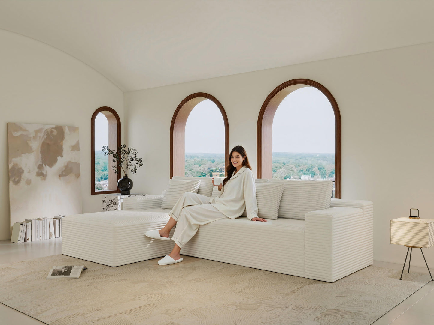 GAKMCIL 104" 4 Seater Cloud Sectional Couch with L-Shape Left Facing Chaise, Comfy Modular Plush Corduroy Sofa, Upholstered Deep Seat Sofa for Living Room Bedroom (No Assembly Required) (White)