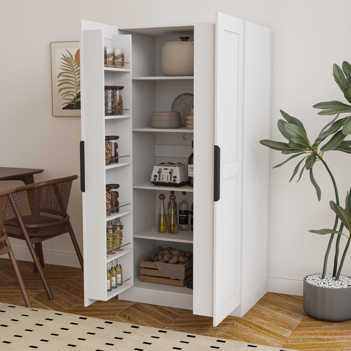 GAKMCIL 31.5"x21.65"x62.99" Kitchen Pantry Cabinet, Freestanding Sideboard with Doors & two 6-level shelves & one 5-level compartment, Multi Level Storage for Kitchen, Living Room, Dining Room, White