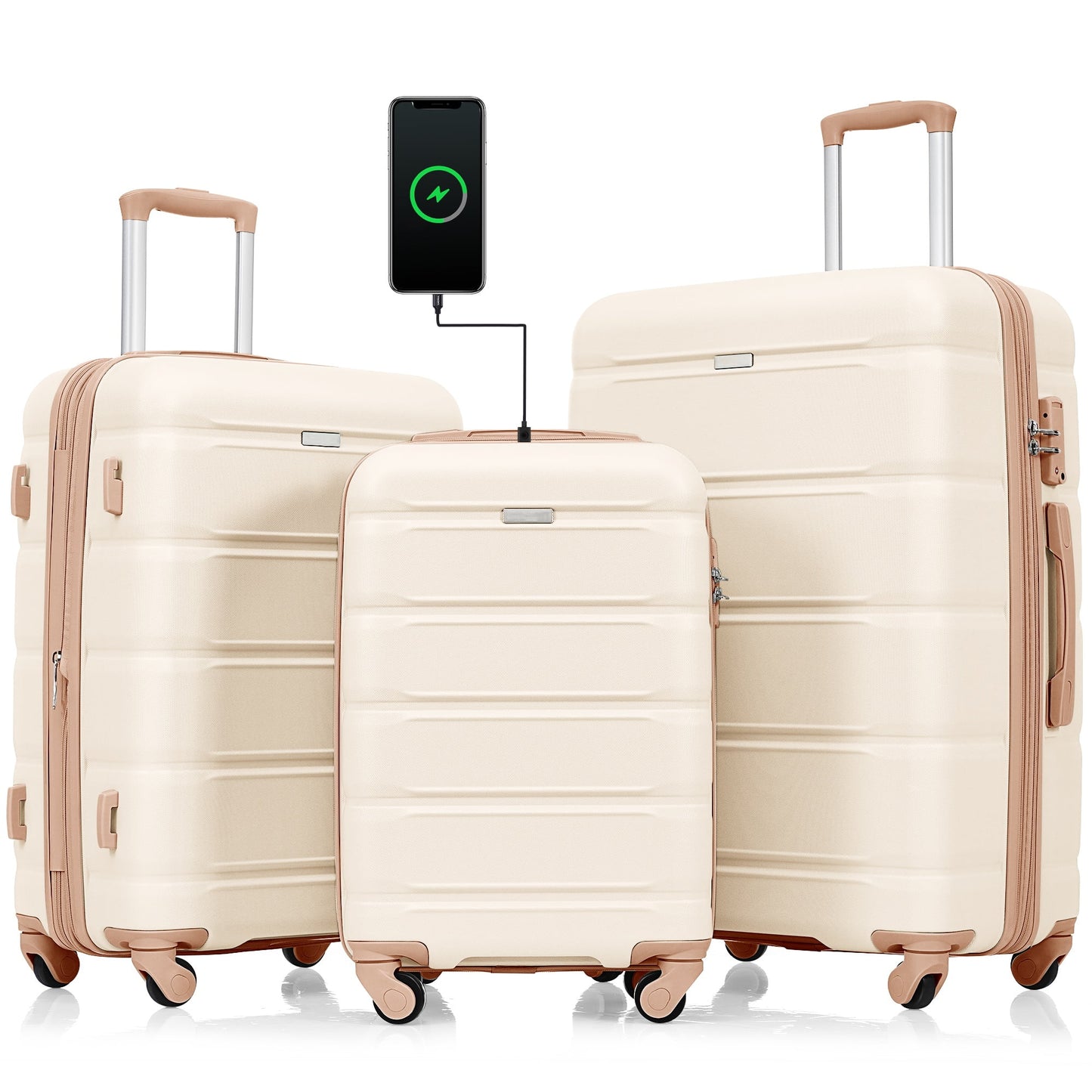 POVANLI 3Pcs Luggage Set, 20" Suitcase with USB Port,Carry-on Luggage with Cup Holder, ABS+PC Hard Shell Luggage with Spinner Wheels Beige+Gold