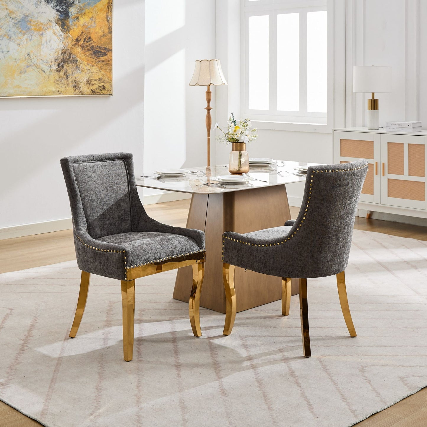 GAKMCIL Chenille Dining Chairs, Ultra Side Dining Room Chairs, Curved Gold - Plated Legs & Rivet Trim, Upholstered Comfort, Textured Fabric & One - Piece Structure, Gray (Set of 2)
