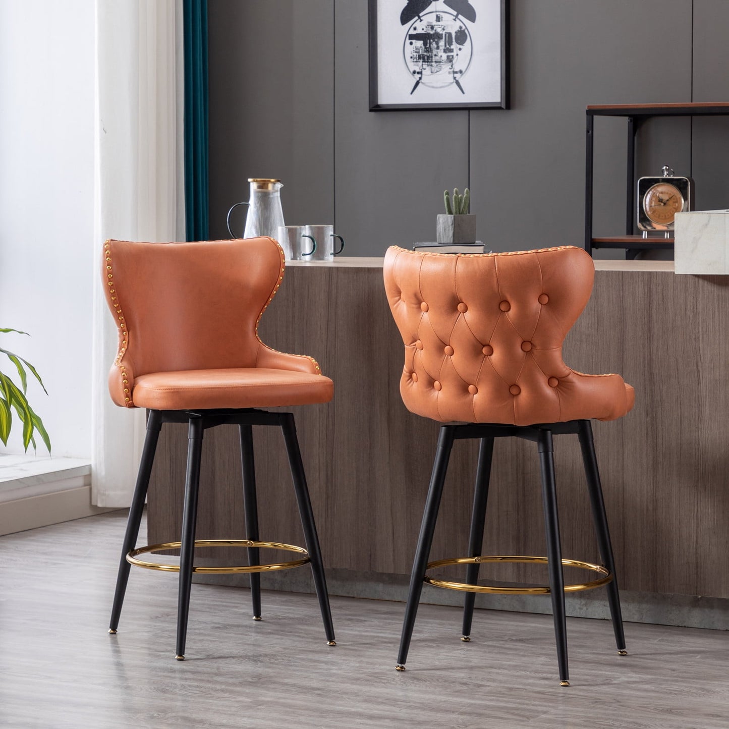 GAKMCIL 25" Counter Height Modern PU Upholstered Swivel Bar Chairs (Set of 2) with Nailhead Trim, Metal Legs, Weight Capacity 300lbs for Home Pub, Kitchen Island (Orange)