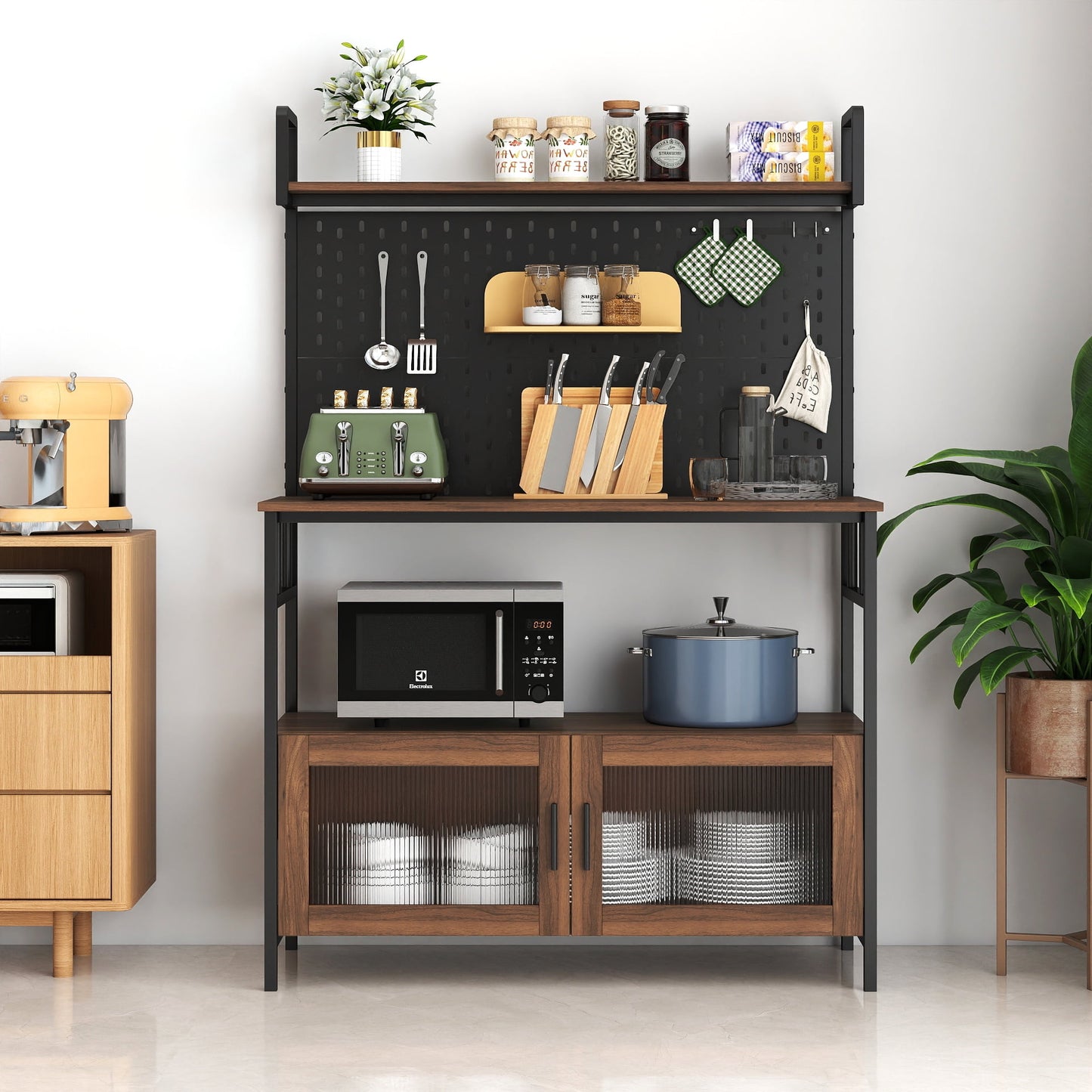 GAKMCIL Kitchen Storage Rack with Baker’s/Door/Pegboard/Microwave Stand, 4-Tier Free Standing Storage Shelf Rack, Utility Storage Shelf, Durable Kitchen Organizer(White)(39.37"L * 15.75"W * 57.87"H)