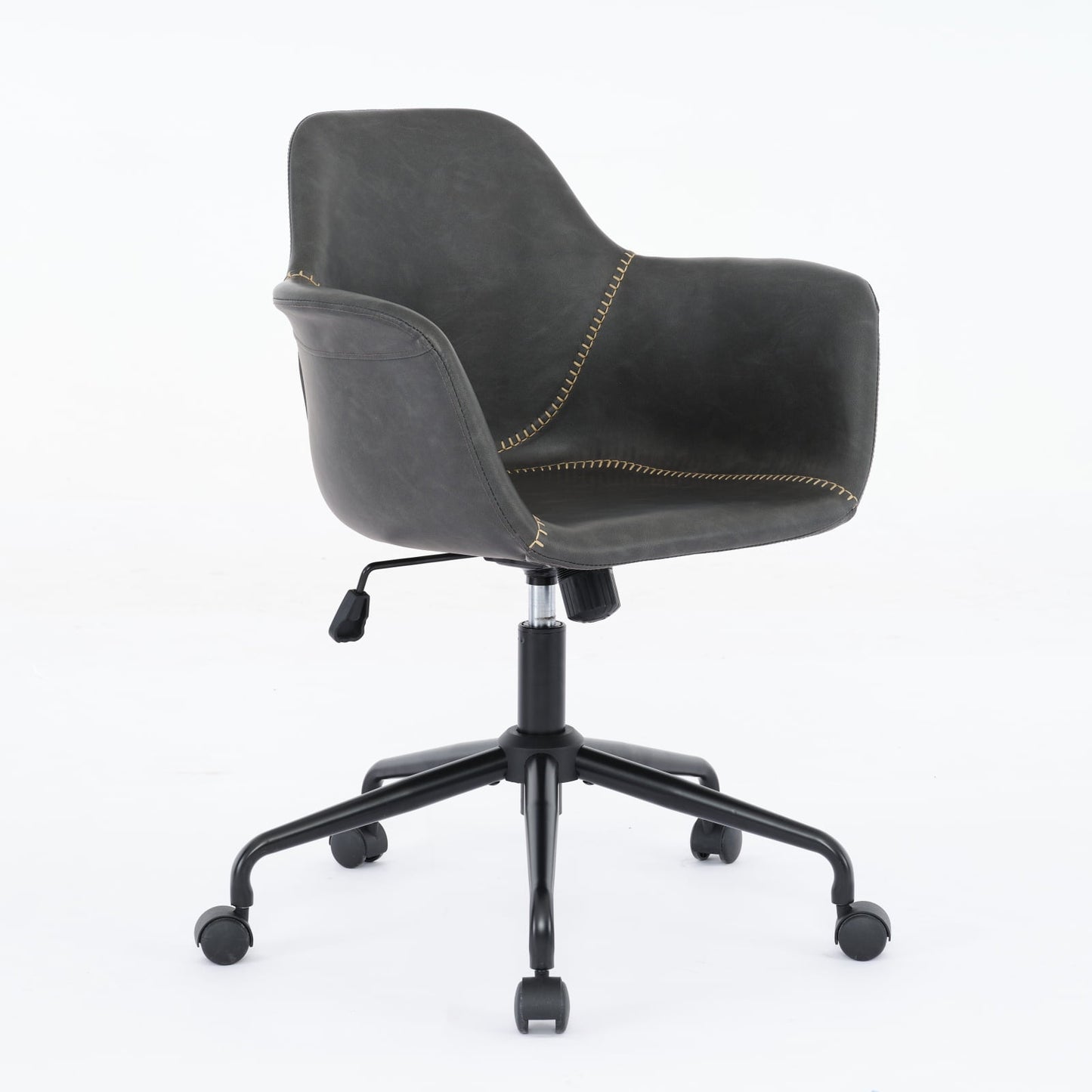 GAKMCIL Mid-Century Modern PU Leather Rolling Swivel Chair, Ergonomic Arms Chair with 40° Recline Chassis, Adjustable Height, Back Support, 300lb Load for Study, Office, Bedroom, Living Room (Black)