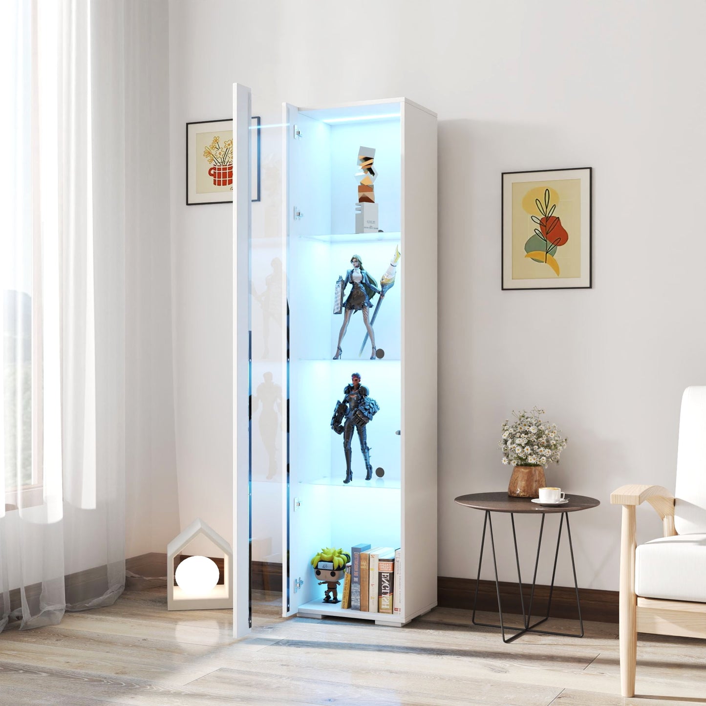 GAKMCIL Side Cabinet with Aluminum Strip Lamp, 4 Shelf Glass Display Cabinets & bookcase with Dimmable LED for Living Room, Bedroom, Office, Large Storage Space (White) (15.75"L * 11.42"W * 66.93"H)