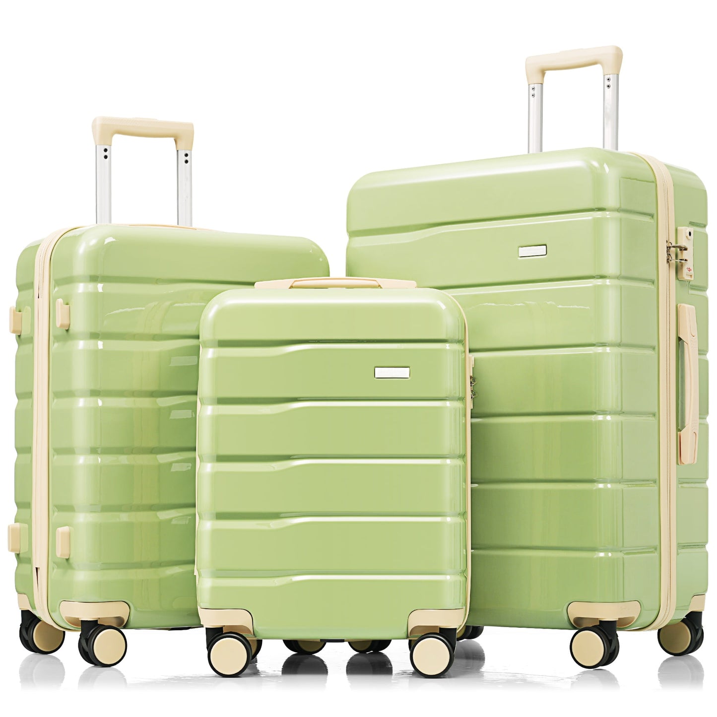 POVANLI 3-Piece ABS Travel Luggage Set,Premium TSA Lock Suitcase Ensemble with 20'', 24'' and 28'' Sizes with 360° Spinner Wheels Green+Ivory