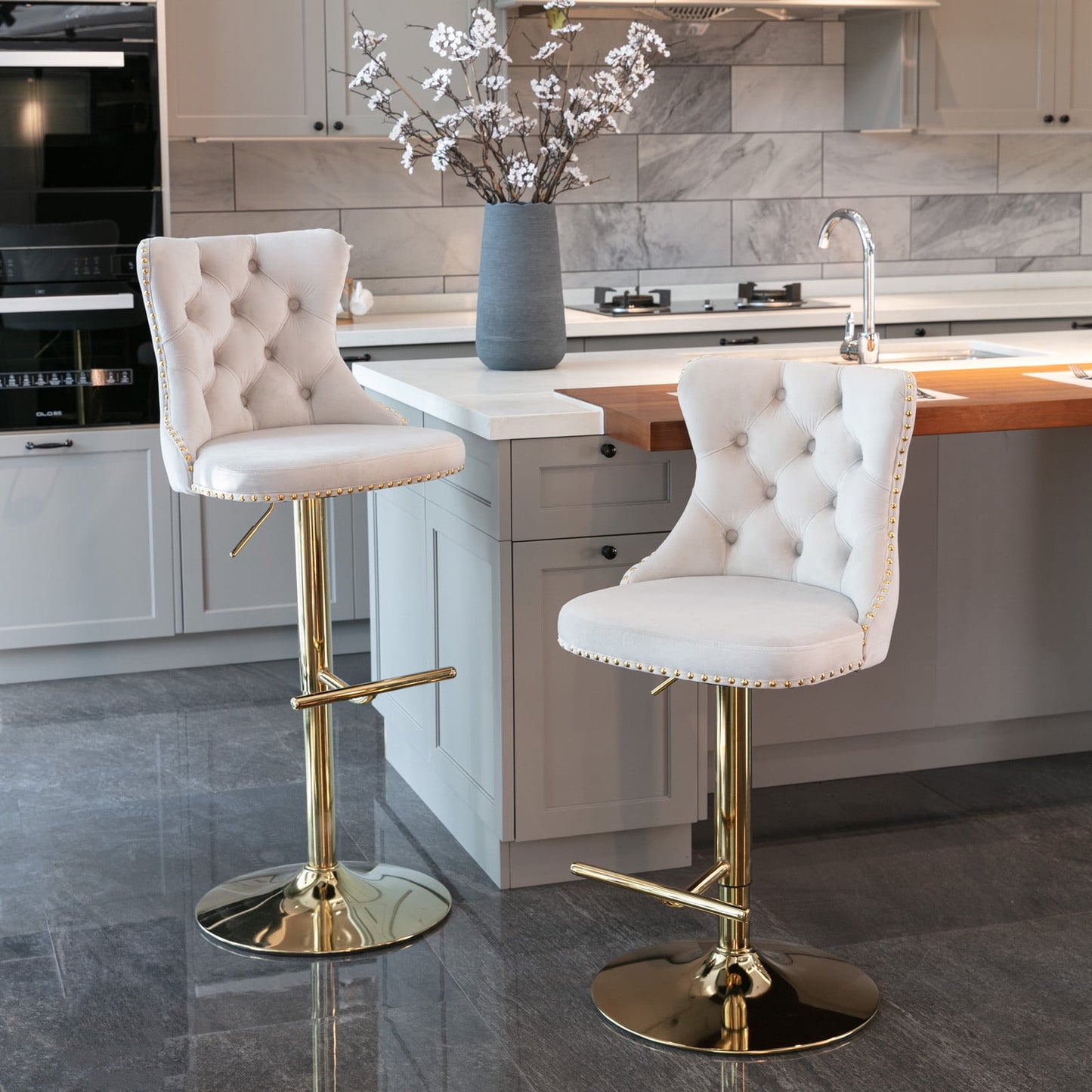 GAKMCIL Swivel Velvet Upholstered Barstools with 25-33in Adjustatble Seat Height, 360°Swivel, Footrest, Golden Chrome base, Comfy Tufted, 300lb Load for Home Pub, Kitchen Island (Set of 2, Beige)
