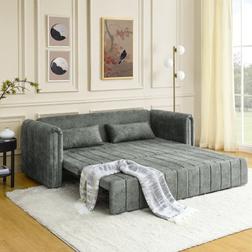 3 in 1 Pull-Out Bed Sleeper, Modern Upholstered 3 Seats Lounge Sofa & Couches with Rolled Arms Decorated with Copper Nails , Convertible Futon 3 Seats Sofabed with Two Drawers and Two Pillows