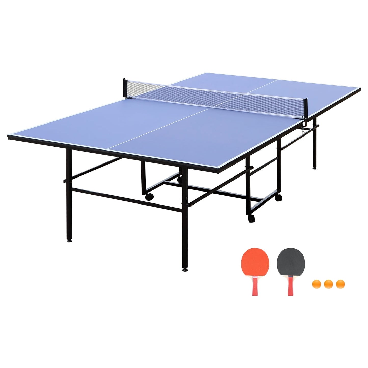 CAMSCH 9FT Mid-Size Table Tennis Table Foldable & Portable Ping Pong Table Set with Net and 2 Pin Pong Paddles and 3 Balls for Home & Training, 107.87''(L) x 60.04''(W) x 29.92''(H)