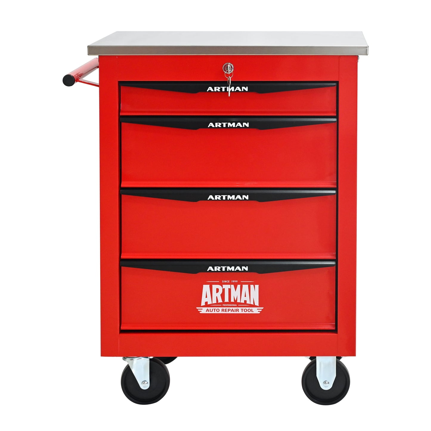 POVANLI 22-inch 4-Drawer Portable Tool Cart, Steel Tool Box with Stainless Steel Roof, Key Locking and 4 Steering Wheels, 200lbs Load Capacity for Garage, Workshop, Warehouse and Repair Shops (Red)