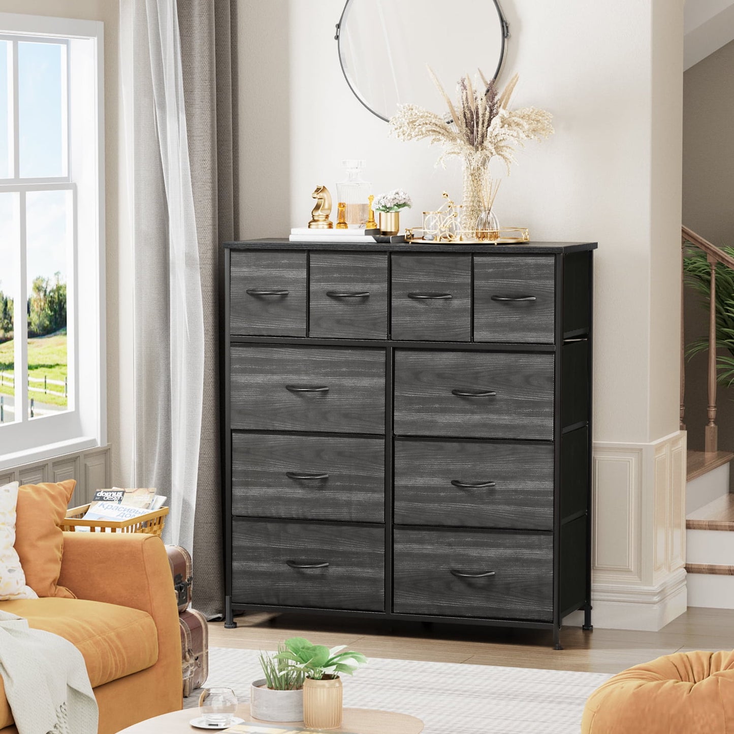 POVANLI 10 Drawer Dresser Chest of Drawers for Bedroom Fabric Drawer for Kids and Adult Steel Frame and Wooden Top Black Grey