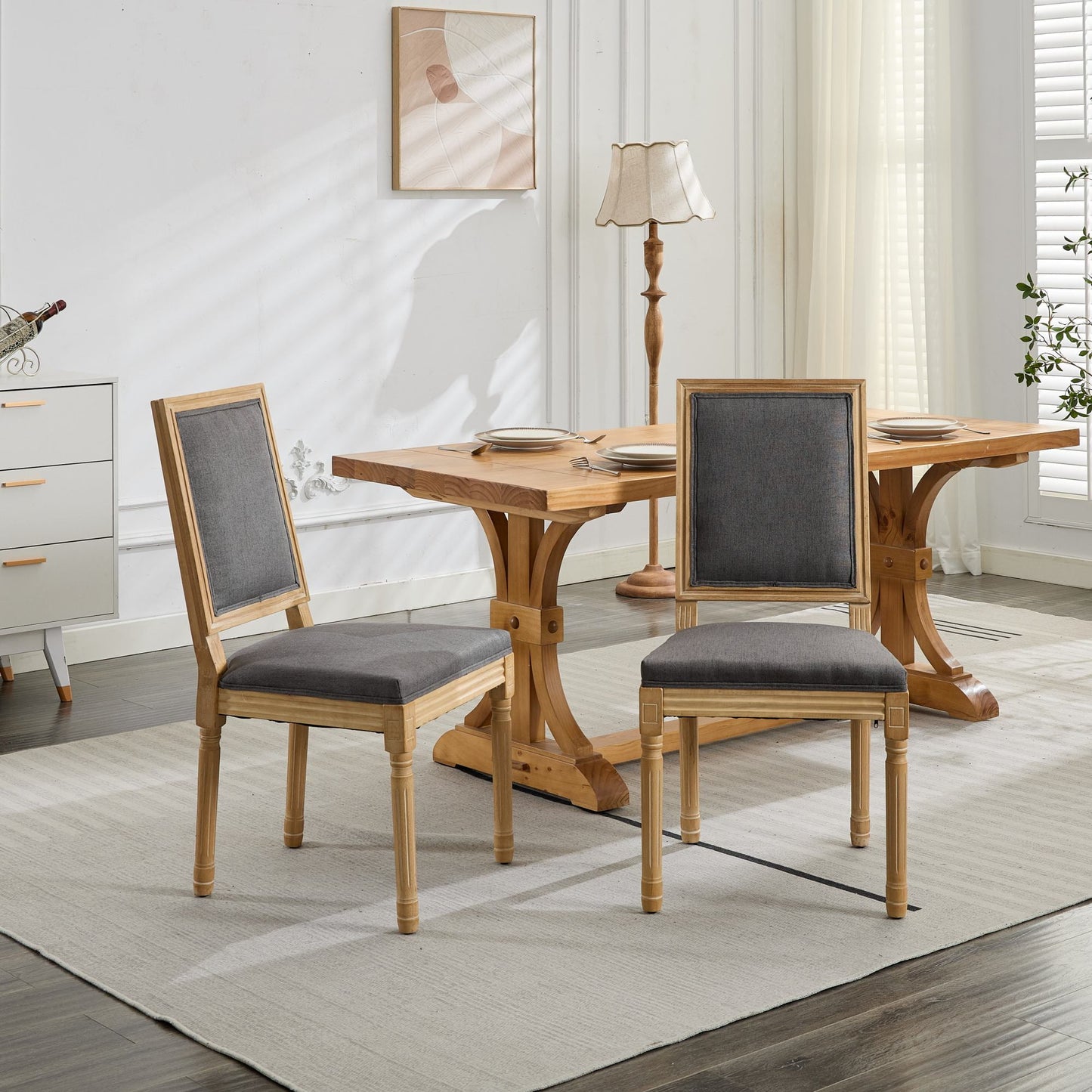 GAKMCIL Louis Fabric Upholstered Dining Chair with Square Backrest and Exquisitely Carved French Solid Wood Frame, Density Foam, Steel Spring Lining, Weight Capacity:300lb, Gray (Set of 2)