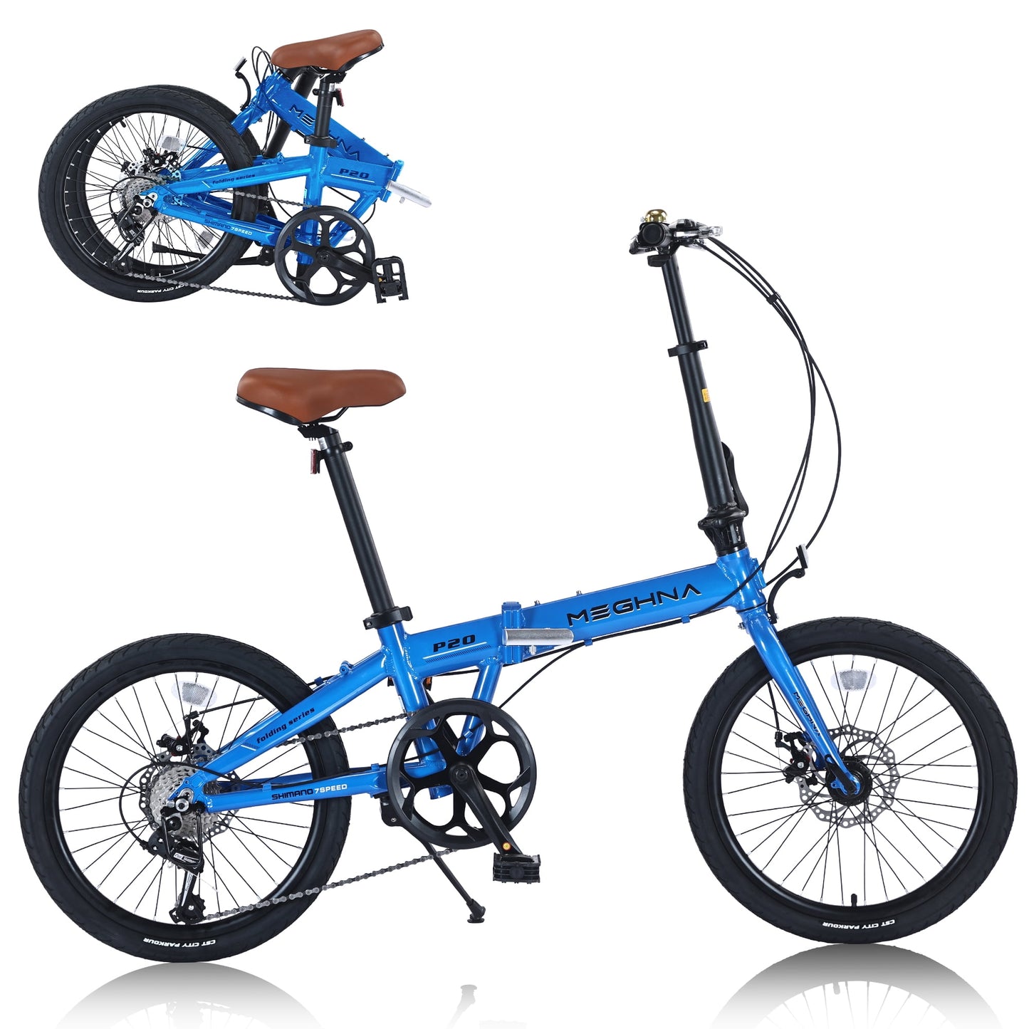 POVANLI 20 inch Folding Bike, Lightweight Aluminum Frame, 7-Speed Folding Bike, Blue, 27.56 lb, Suitable for height 4'11'' - 5'88'' (Gift)