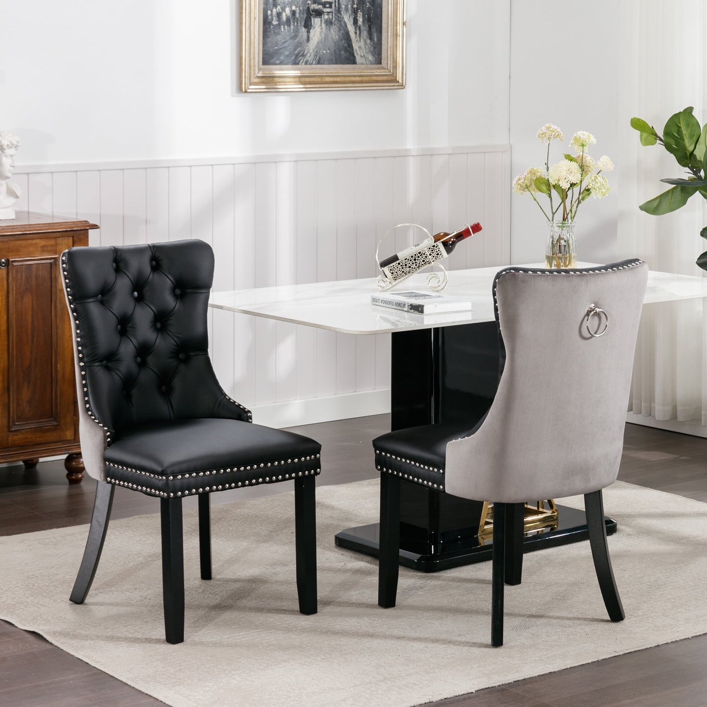 GAKMCIL PU Leather Dining Chairs(Set of 2),Modern Velvet Wood Dining Chair with Nailhead Back and Ring Pull Trim,Solid Wood Legs,350lb Load for Dining Room and Kitchen and Living Room(Black&Gray)