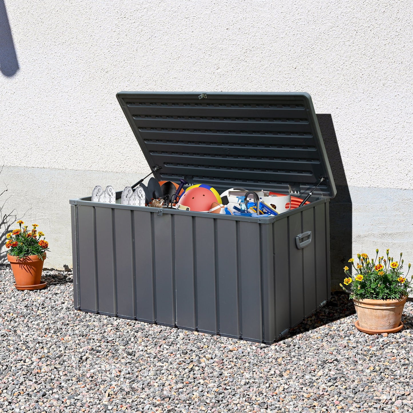 POVANLI 120 Gallon Large Resin Deck Box,Outdoor Garden Waterproof Storage Box, Throw Pillows, Garden Tools and Pool-Supplies, Lockable (Dark Gray)