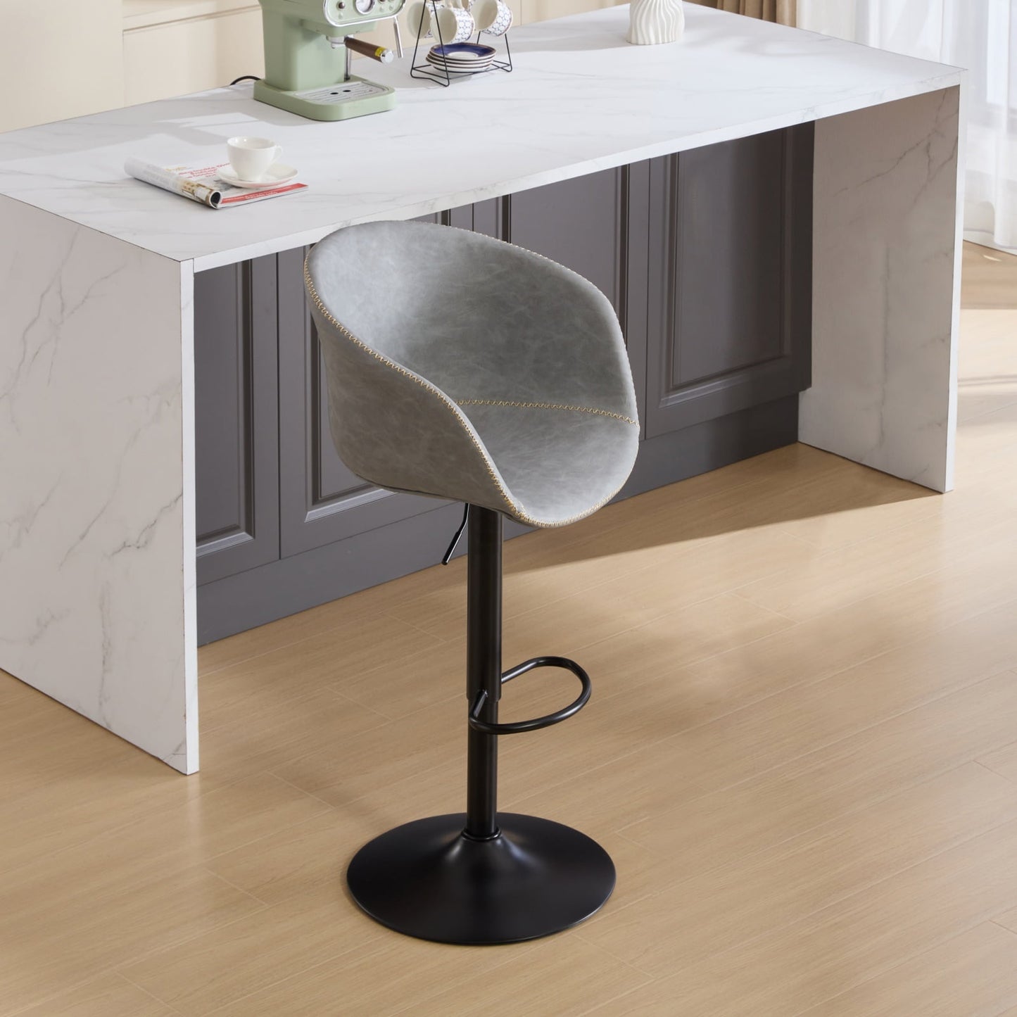 GAKMCIL PU Leather Bar Stools, Minimalism Style Adjustable Swivel Bar Chairs, Weight Capacity 300lbs for Kitchen Island, Dining Room, Pub, Cafe (Gray)