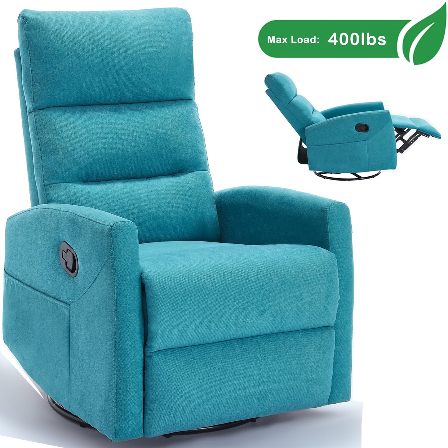 GAKMCIL 360 degree Swivel Manual Recliner Rocking Chair in Fabric with Rocker and Side Pocke, Maximum inclination 155 degrees, Max load 400lb for Living Room, Bedroom, Home Theater, Gift (Blue)