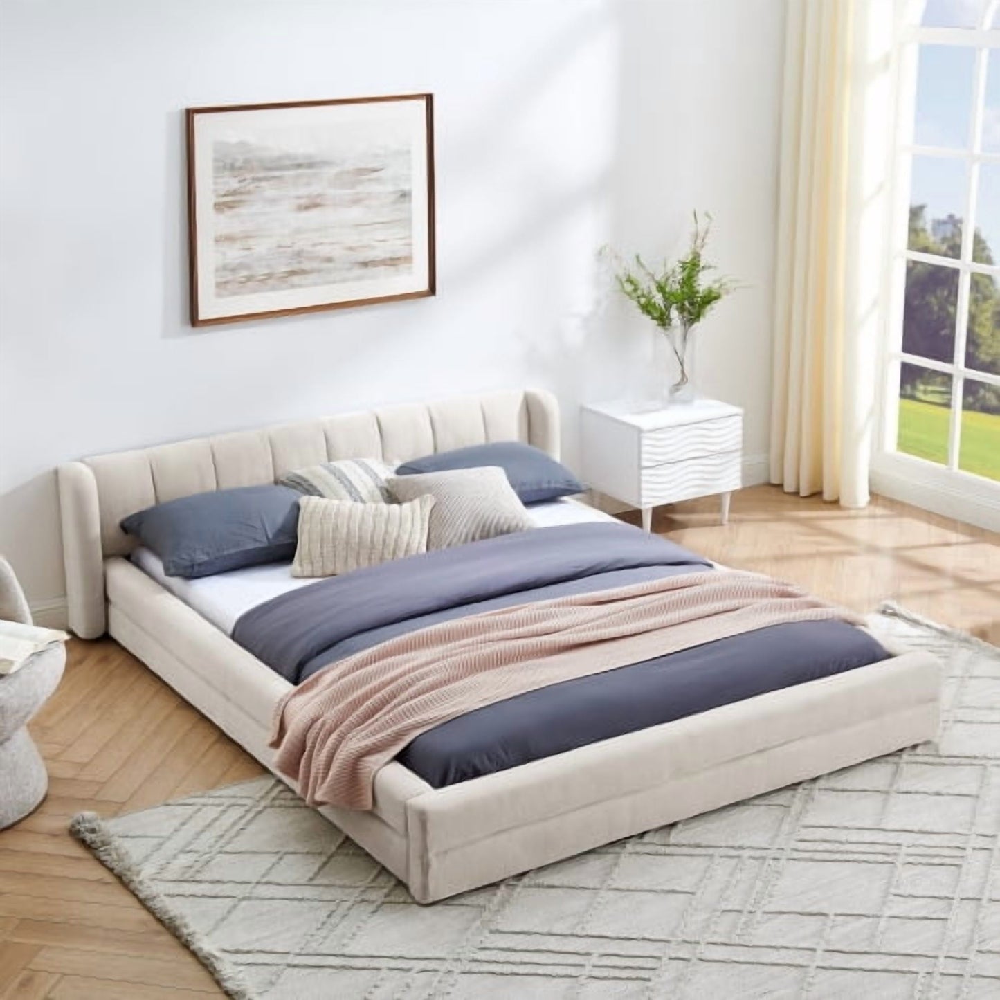 Queen Size Upholstered Bed Frame with Thick Fabric, Chenille Fabric Grounded Queen Size Platform Bed with Headboard and Solid Frame-Beige(87''*67''*23.5'')