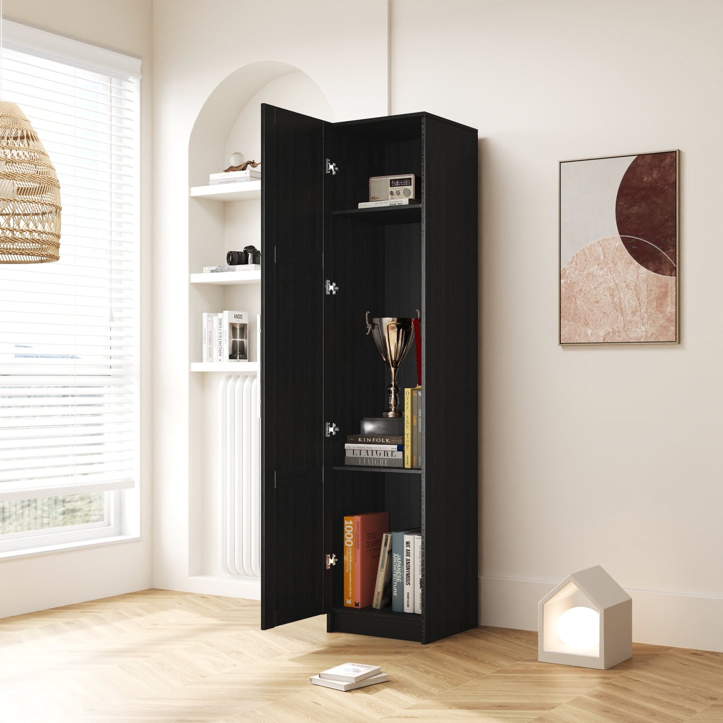GAKMCIL Stackable Storage Cabinet(15.75"x15.75"x70.87"), Modern Freestanding Wall Mounted Storage Cabinet with 2 Inadjustable Shelves and Doors for Living room, Dining Room, Study, Office, Black