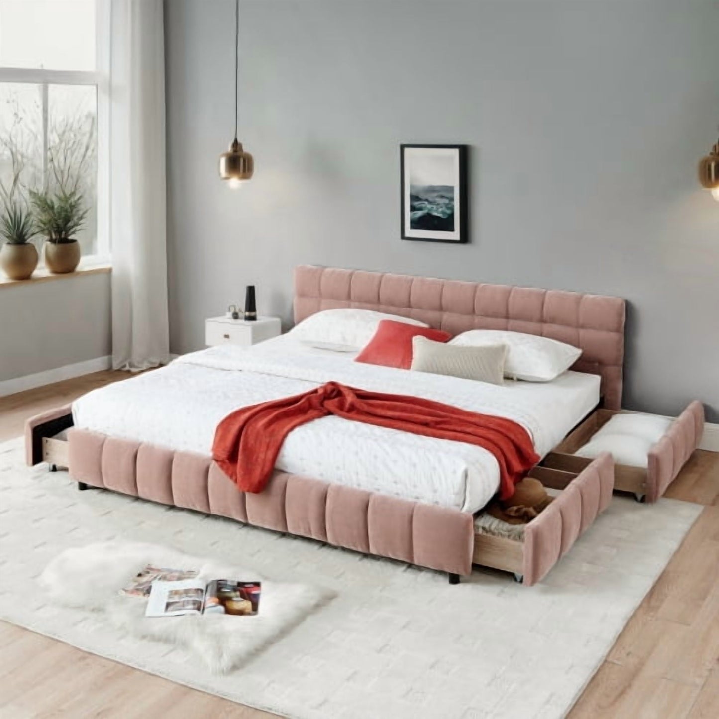 GAKMCIL California King size Bed Frame with Thick Fabric,Upholstered Bed Frame with Headboard and Solid Frame. With drawer for storage No Box Spring Needed Pink(90.5''*80.5''*31'')