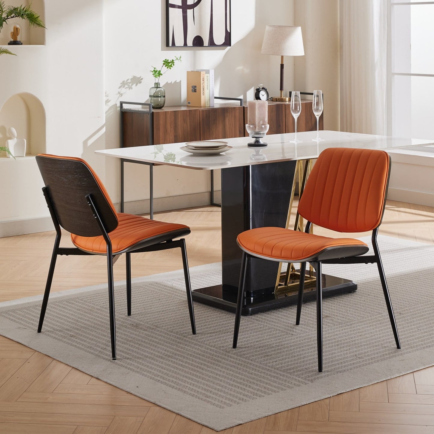 GAKMCIL Mid Century Modern PU Dining Chairs, Retro Faux Leather Upholstered Chair (Set of 2) with Walnut Bentwood Back and Metal Legs, 300lbs Load for Dining Room, Kitchen and Living Room (Orange)