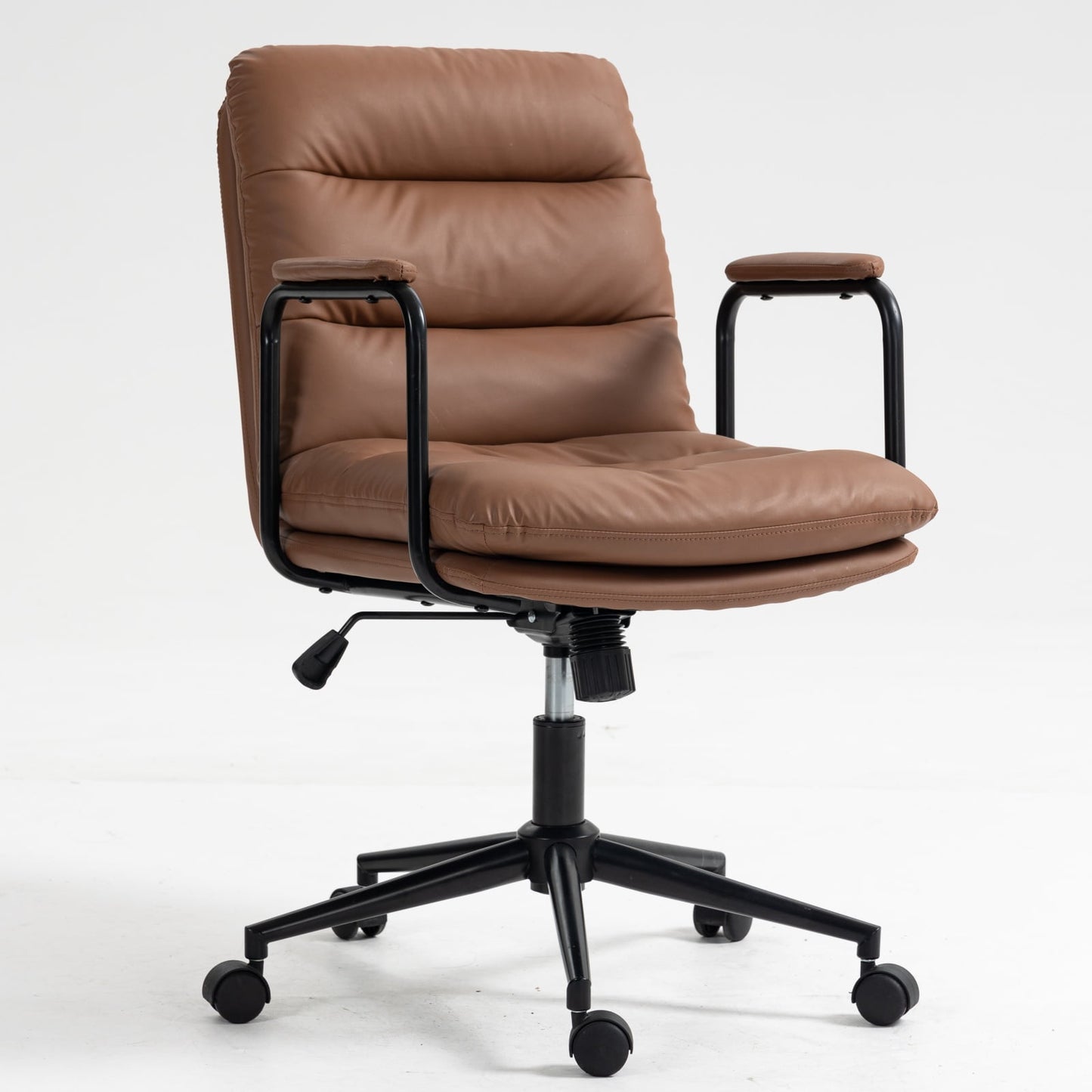 GAKMCIL PU Leather Ergonomic Office Chair, Mid Back Arms Swivel Desk Chair with Double Cushion, Height-Adjustable Seat, Backrest can be Tilted 40°, 350lb Load for Study, Office and Bedroom (Brown)