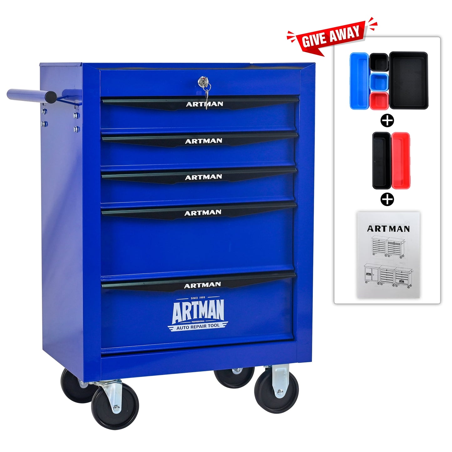 POVANLI 20" 5 Drawer Portable Tool Box with Ball Bearing Drawer Slides,4 Steering Wheels(2 with Parking Brakes),200lbs Load,Steel Tool Chest with Key Locking Tool Organizers,for Garage Workshop(Blue)