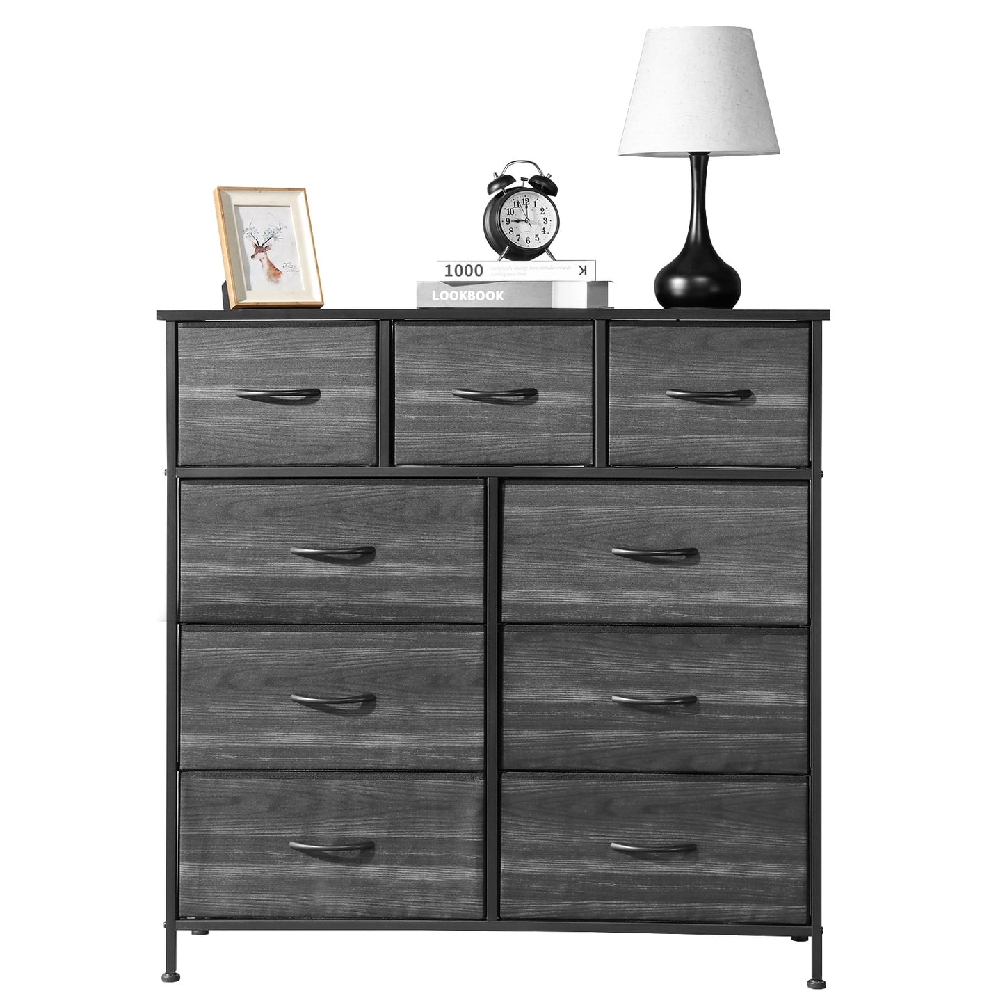 POVANLI 9 Drawer Dresser Chest of Drawers for Bedroom Fabric Drawer for Kids and Adult Steel Frame and Wooden Top Black Grey
