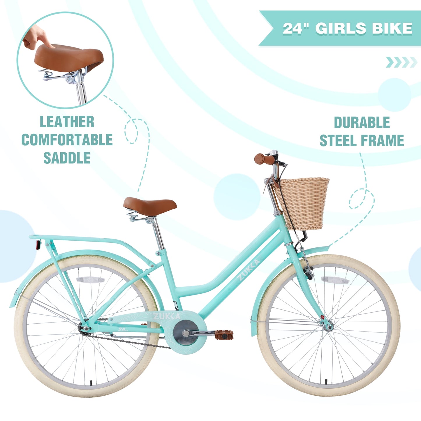 POVANLI 24" Girl Bike for 10+Years Old, Steel Frame Bike,Girls Bike with Basket Mint Green