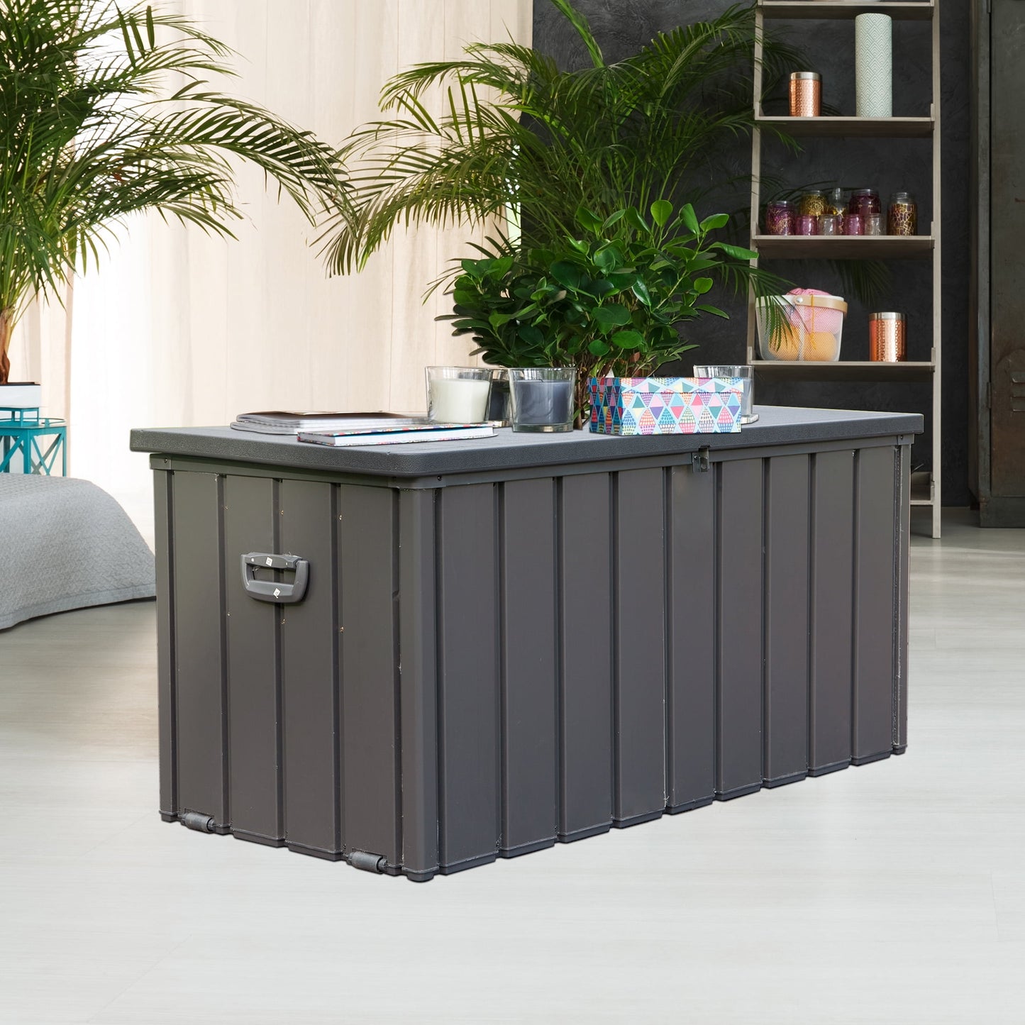POVANLI 100 Gallon Large Resin Deck Box,Outdoor Garden Storage Box, Waterproof , Throw Pillows, Garden Tools and Pool-Supplies, Lockable (Dark Gray)