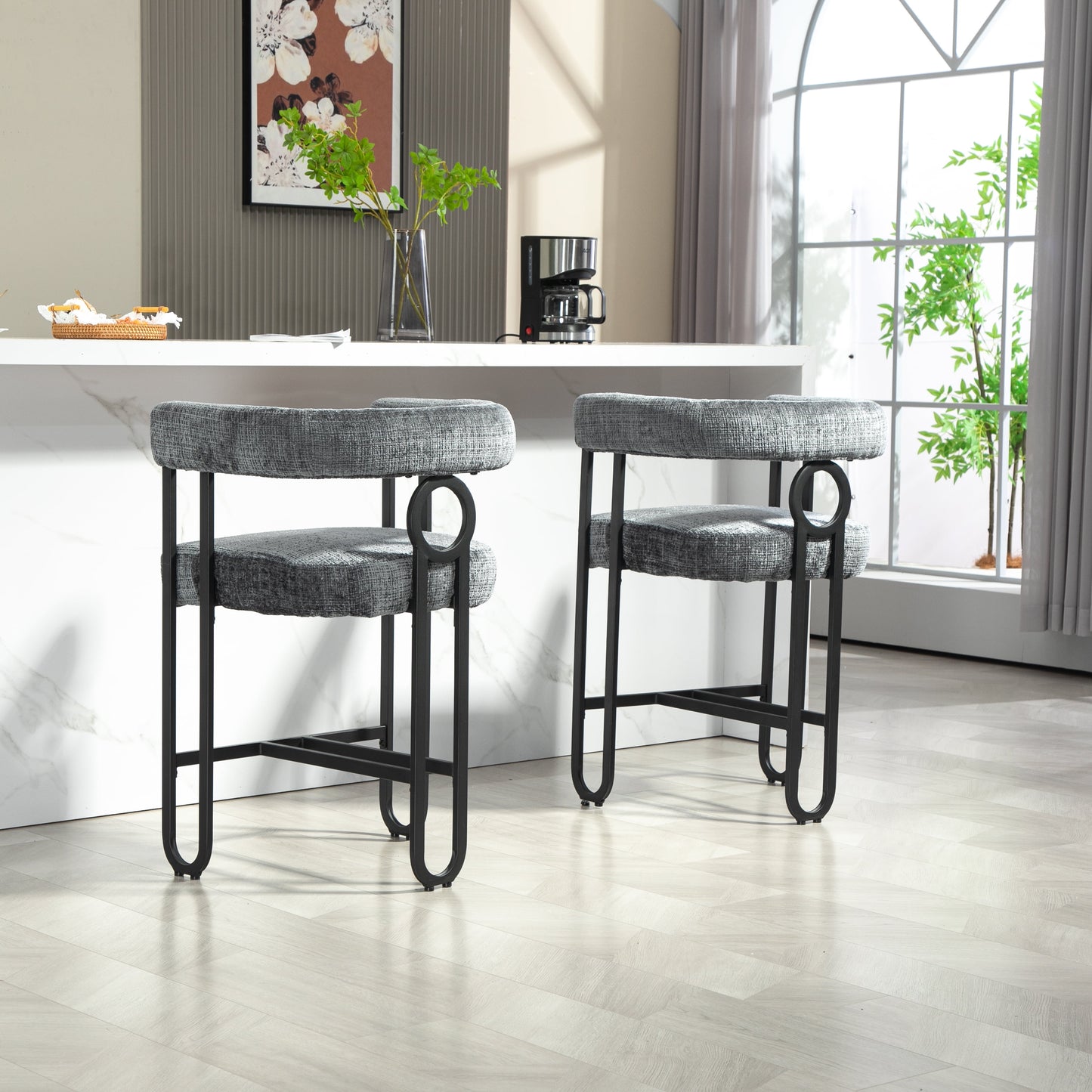 POVANLI Chenille Fabric Bar Stools (Set of 2), Modern Upholstered Bar Chair with Back & Footrest, Black Metal Frames for Bar Kitchen Island Restaurant Bistro, Club (Gray)