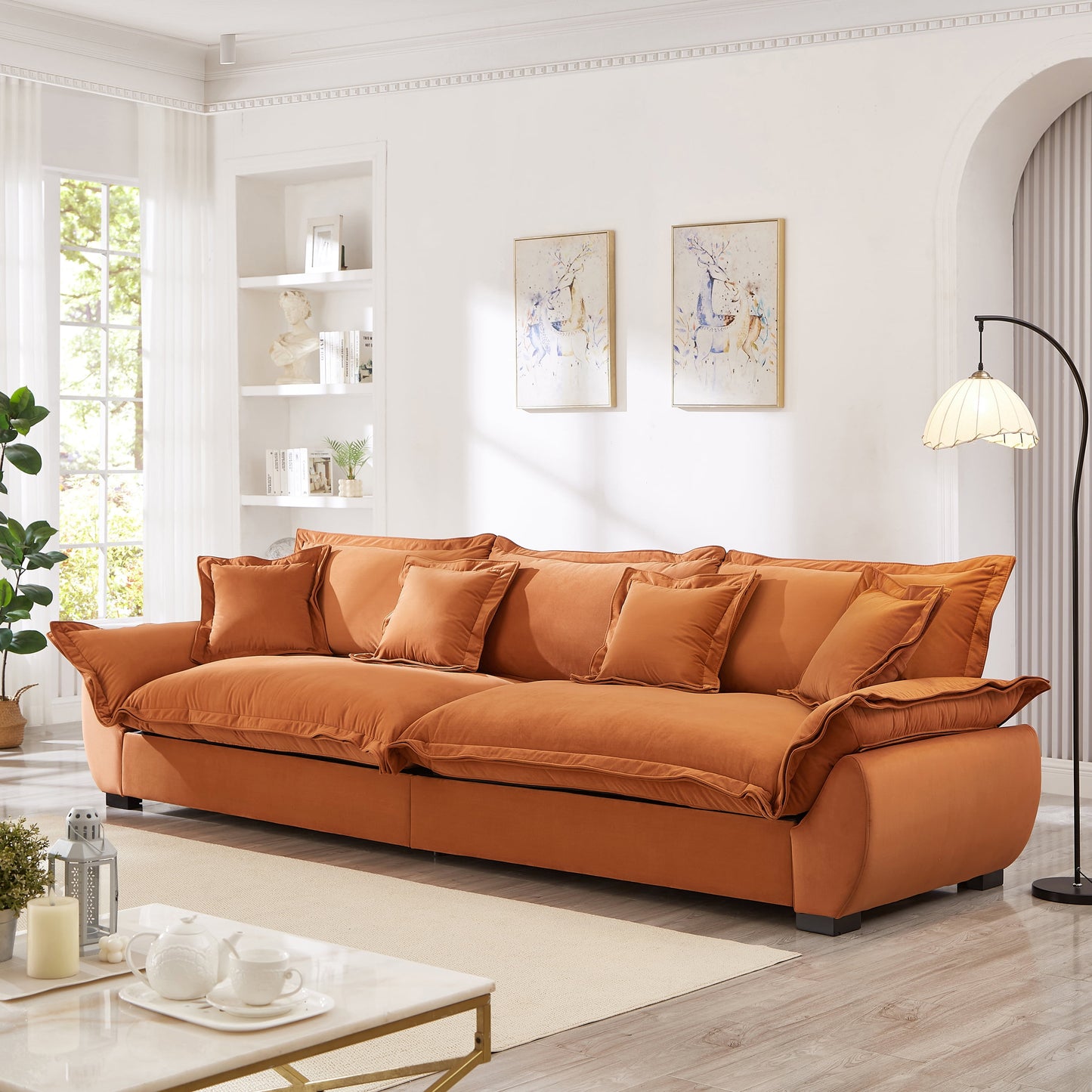 GAKMCIL 126" Velvet Modular Sectional Sofa, 3 Seater Sailing Design Upholstered Sofa, Deep Seat Cloud Sofa with Storage, Removable Backrest, Throw Pillows for Living Room, Apartment, Office (Orange)